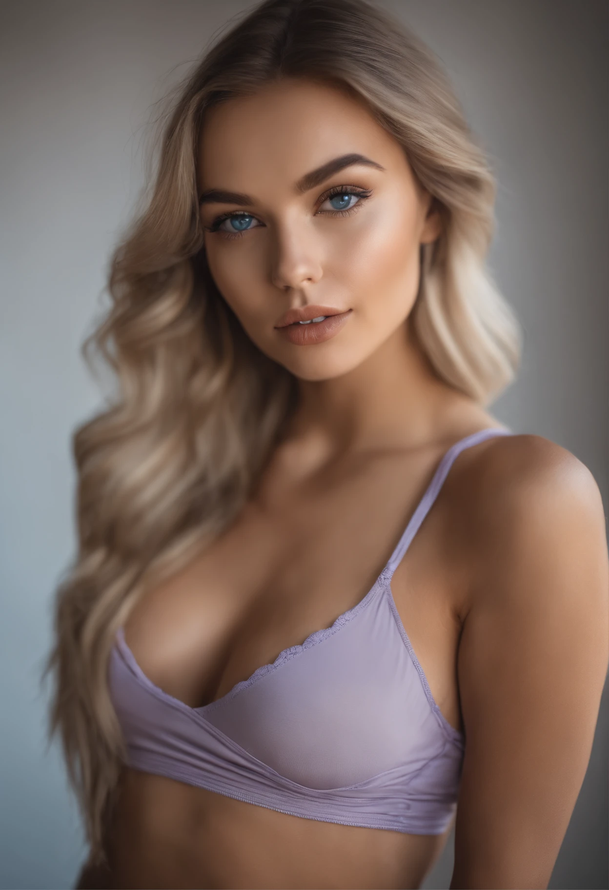 woman with matching tank top and panties, Sexy girl with blue eyes, portrait sophie mudd, portrait corinna kopf, blonde hair and large eyes, Selfie einer jungen Frau, Augen im Schlafzimmer, Violet Myers, ohne Make-up, Natural makeup, Blick direkt in die Kamera, Gesicht mit Artgram, dezentes Make-up, Stunning full body shot, im Schlafzimmer, Spaltung