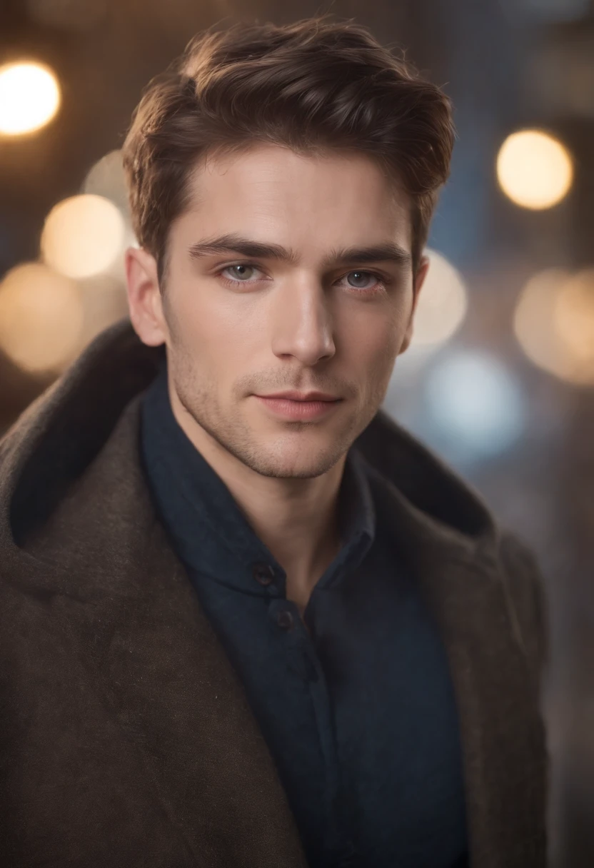 Portrait photo of a beautiful male photo of the whole body, Des yeux parfaits, Porter un manteau mecha minable, ((Light Bokeh)), complexe, (steel metal [se reposer]), elegant, mise au point nette, photo par Greg Rutkovsky, softlighting, couleurs vives, Masterpiece, (rue)), Detailed realistic face, Gros plan du visage