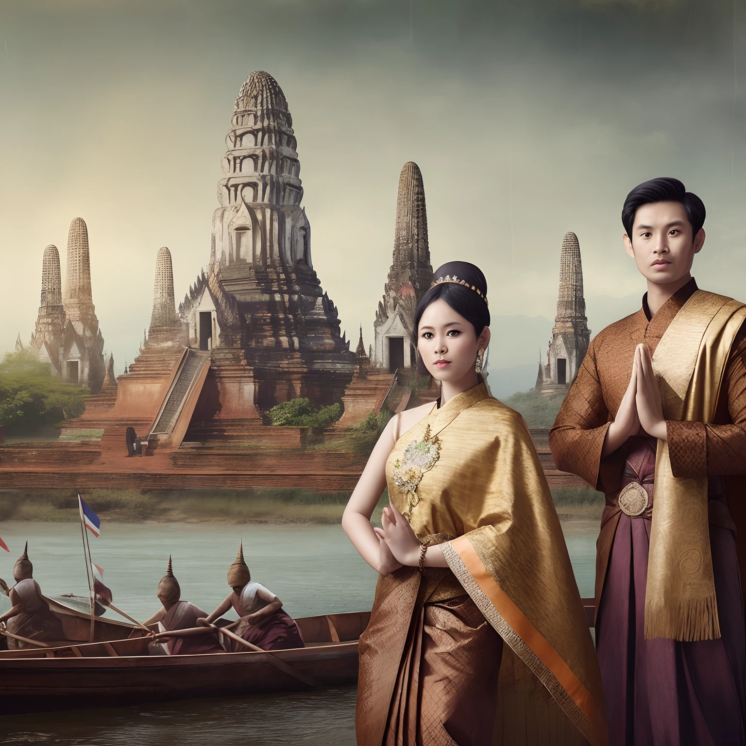 there are two people standing next to a boat in the water,to pay respect, thailand art, tithi luadthong, sukhothai costume, thailand, temple background, bangkok, movie promotional image, traditional clothes, thai architecture, in style of thawan duchanee, promotional art, promotional image, traditional clothing, thai temple, traditional dress, matte painting portrait shot, backdrop