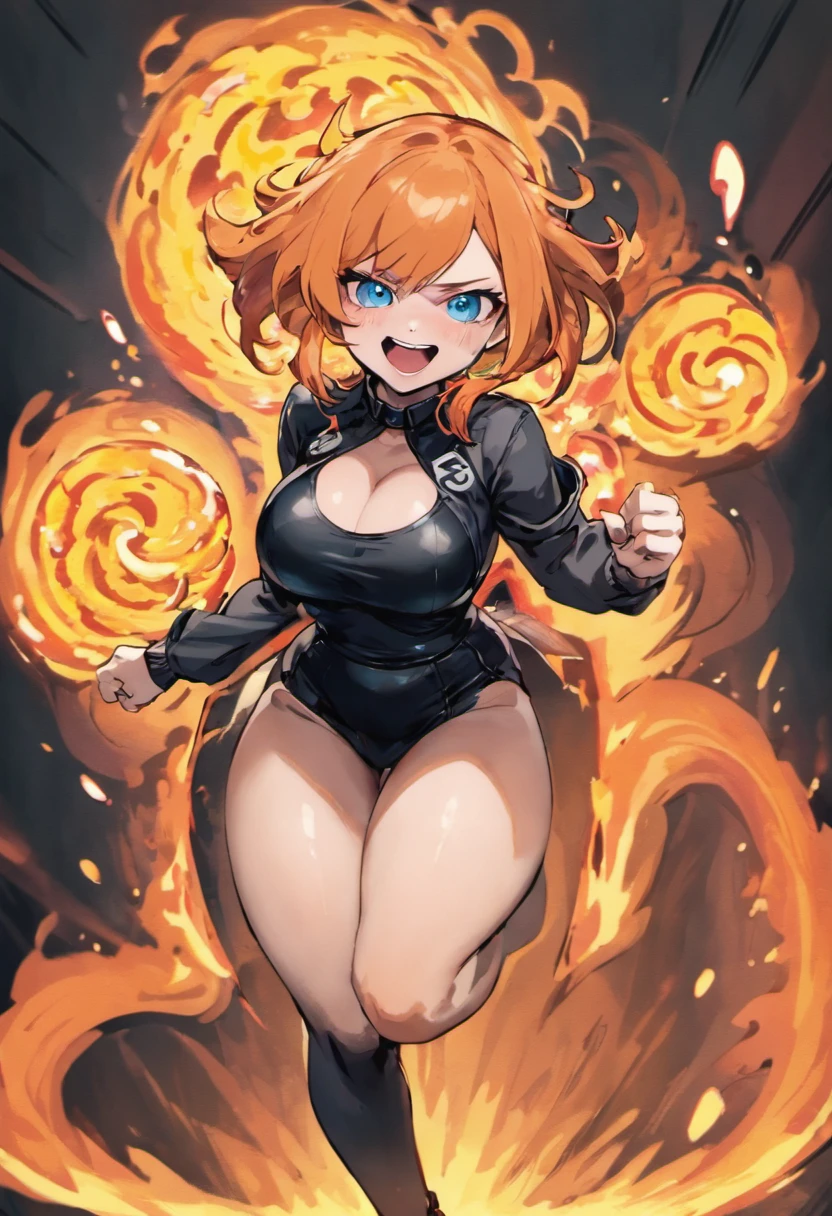 1girll, (24 years of age), Orange hair, Long hair, Short blue sex jacket, Black sex shirt, Erotic translucent black skirt, Erotic white thigh stockings, full bodyesbian, standing, (Happy smile),In the mouth below is a ten-centimeter lollipop， fire force, Gacha card background, Indecent pose, Blue eyes, hair between eye, Black knees, Huge breasts，Sexy feet