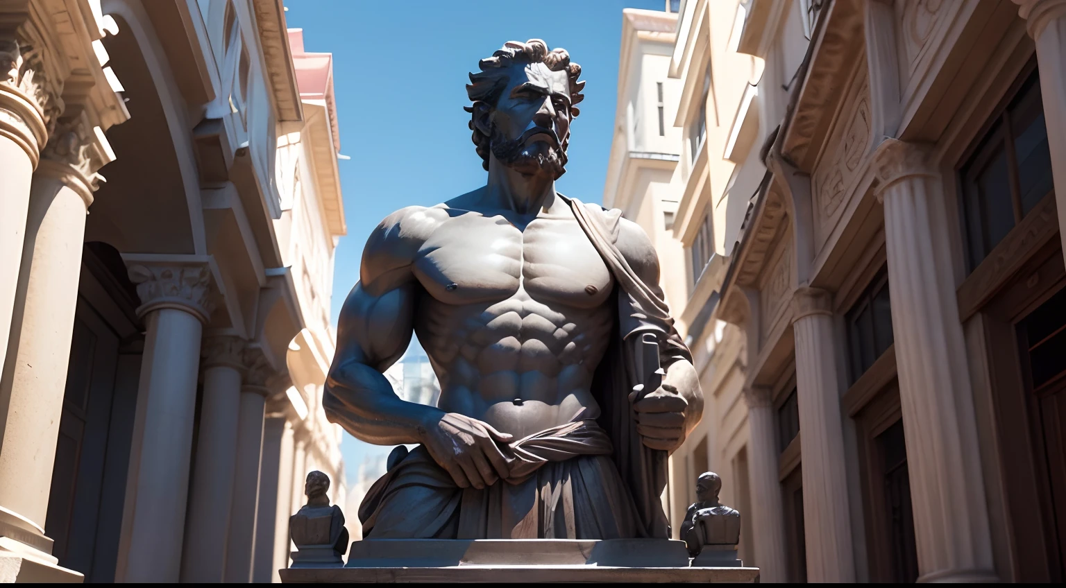 Strong Stoic statue, with an expression of anger, na rua, tempo escuro, fundo grego antigo de templo, 35 mm, lateralmente, Filmado em Sony A7S III com Sony FE 35mm f/1.8, 12.1 MP, --AR 3:2 --estilo cru