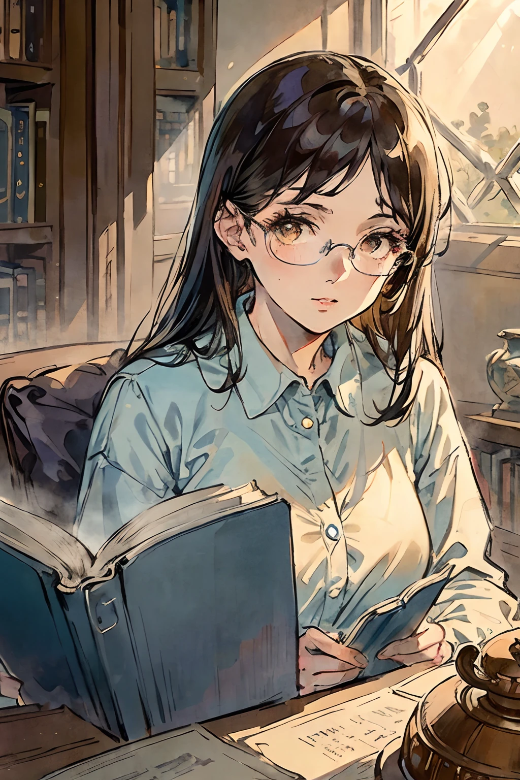 (a young lady, glasses, detailed eyes and face, gentle face, confident, dark brown eyes, blue vibes that surround her) ( therapist, Doctor ), (an old library), (reading a book, focused), (sunlight streaming through the window), (serene atmosphere), (vintage, classical), (warm color palette), (gentle lighting)