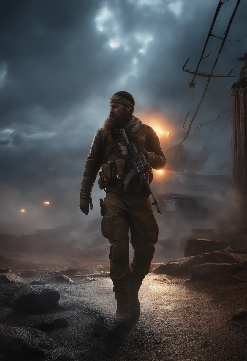 "Create a high-quality image in the style of a semi-apocalyptic world, where a character is walking. The sky should be incredibly dazzling, with graphics rivaling that of cinematic productions. Ensure that every detail is realistic and immersive. The final image resolution should be 4K, suitable for use as a banner."