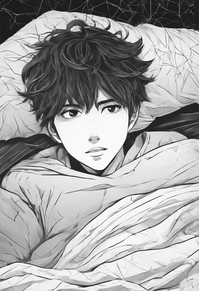 a boy in bed with fear creepy of horror front view black and white image managa