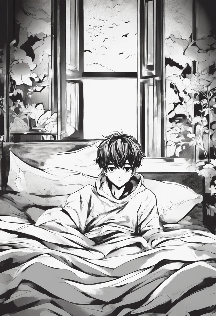 a boy in bed with fear creepy of horror front view black and white image managa