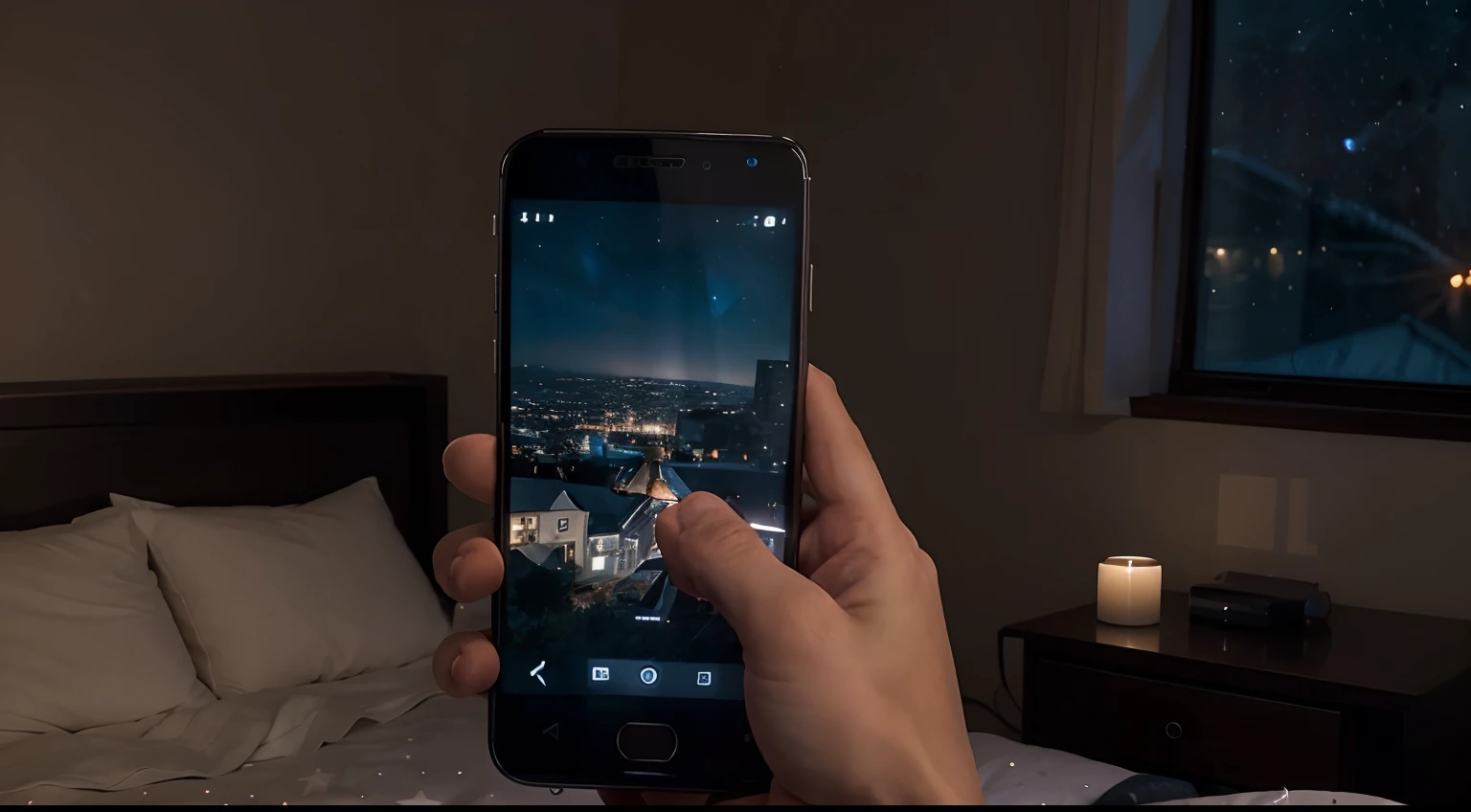 An intimate and cozy bedroom setting at night with a hand holding a smartphone, the screen displaying a starry night sky, capturing a sense of wonder and calm, ultra realistic, high definition, 4k