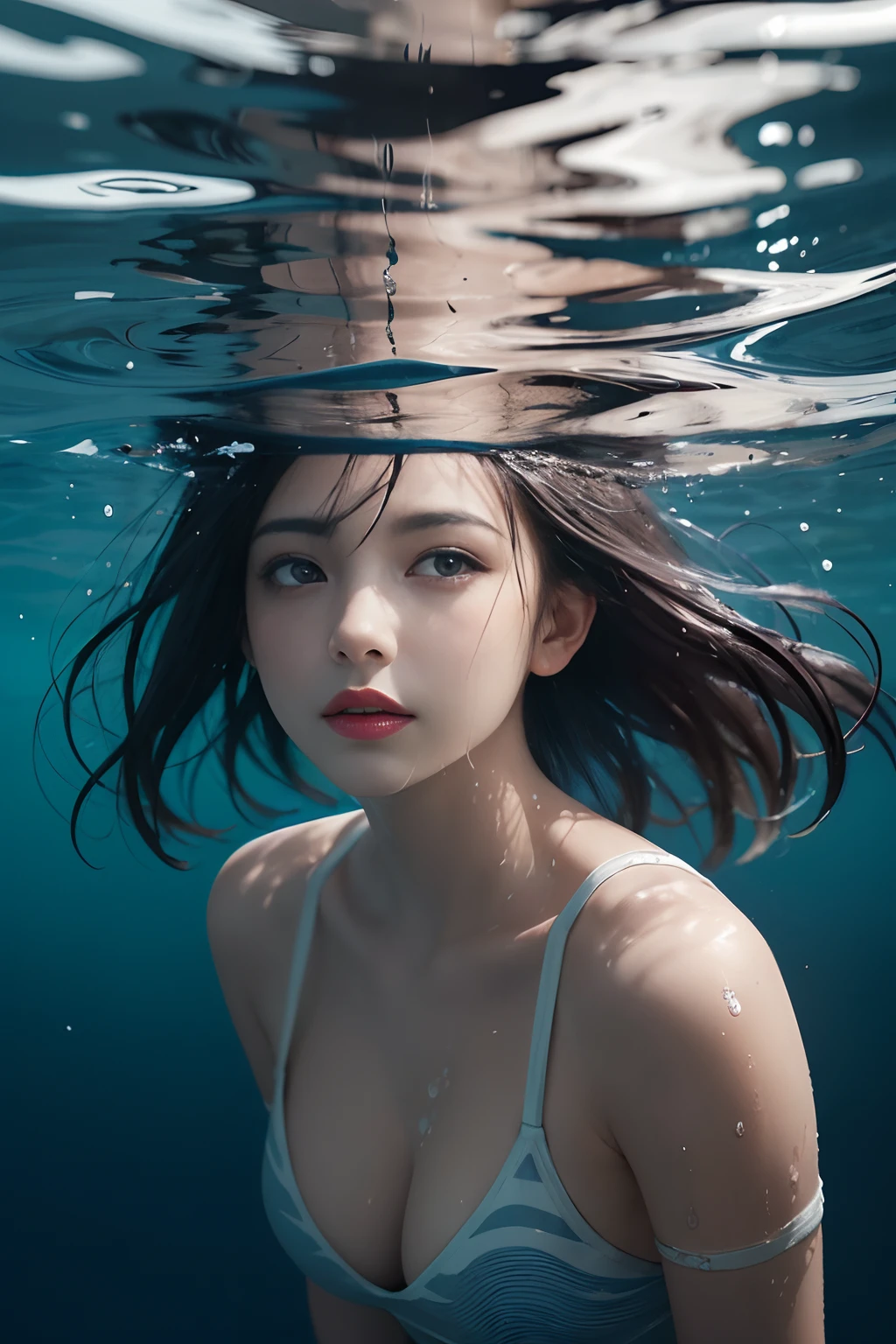submerged figure,ripples and reflections,combination of materials,painterly style,elegant pose,water surface texture,gentle lighting,subtle color palette,high-definition details,underwater atmosphere,wet hair effect,facial expression