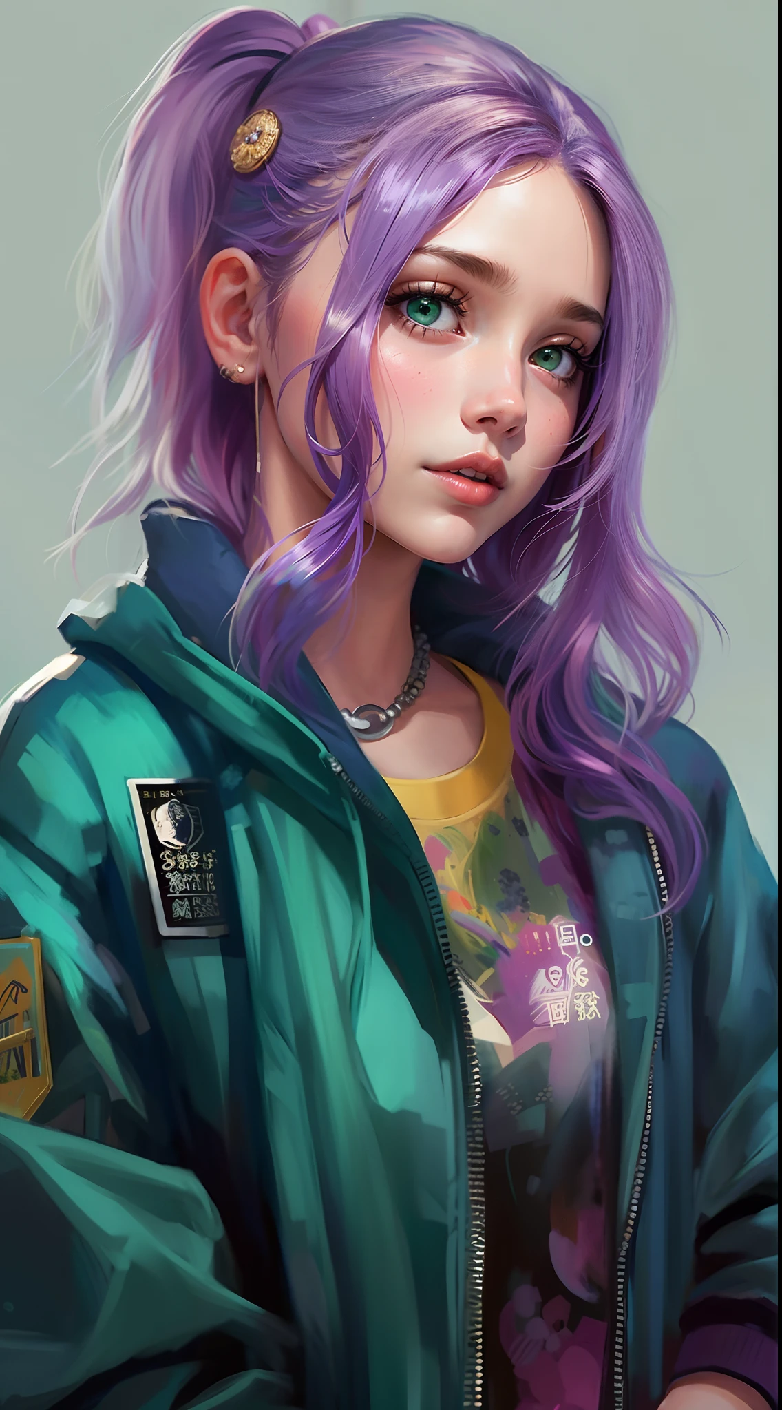 Estudante do colegial, Lilac Haired Girl/Azul/Rosa, garota de cabelos ondulados, garotas de cabelo cacheado, rosy lips, bochechas coradas, roupa estilosa, moletom, casaco Verde, blusa cinzenta, garota de cabelo amarrado ondulado/cacheado