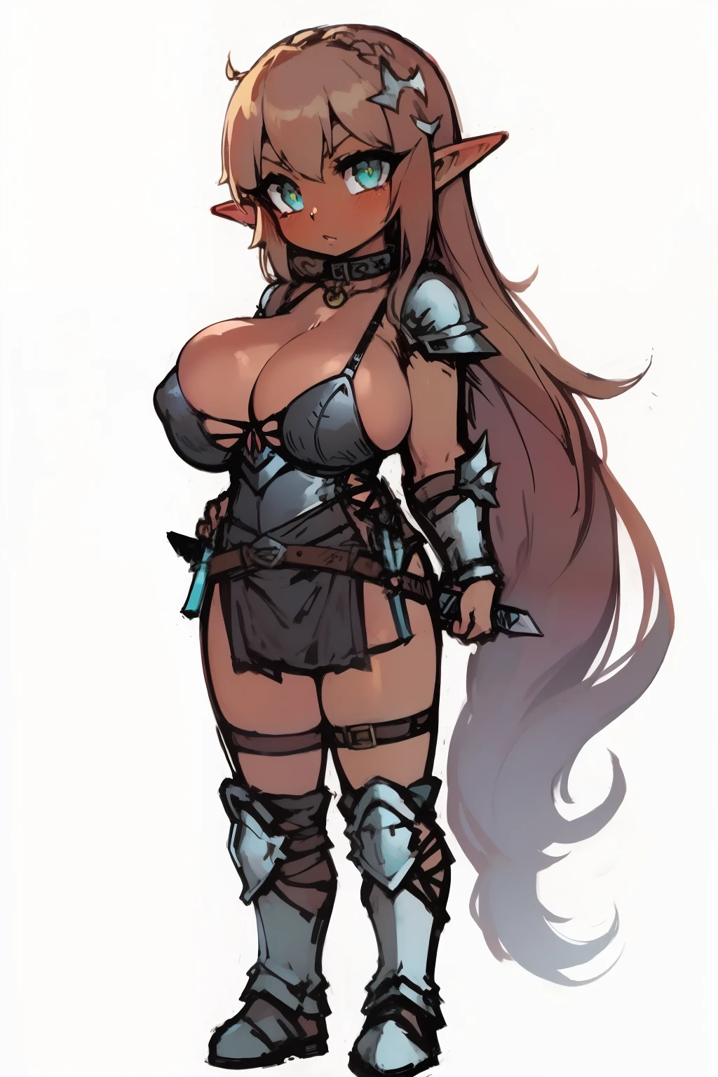 (((short young  girl:1.2))), ((tanned elf girl))), (((best quality))), (((highres:1.1))), (((sharp eyes))), (((long hair))), (((large breasts:1.2))), (((solo))), (collar:1.2), (fantasy leather armor:1.3), (dagger:1.2), (white background)