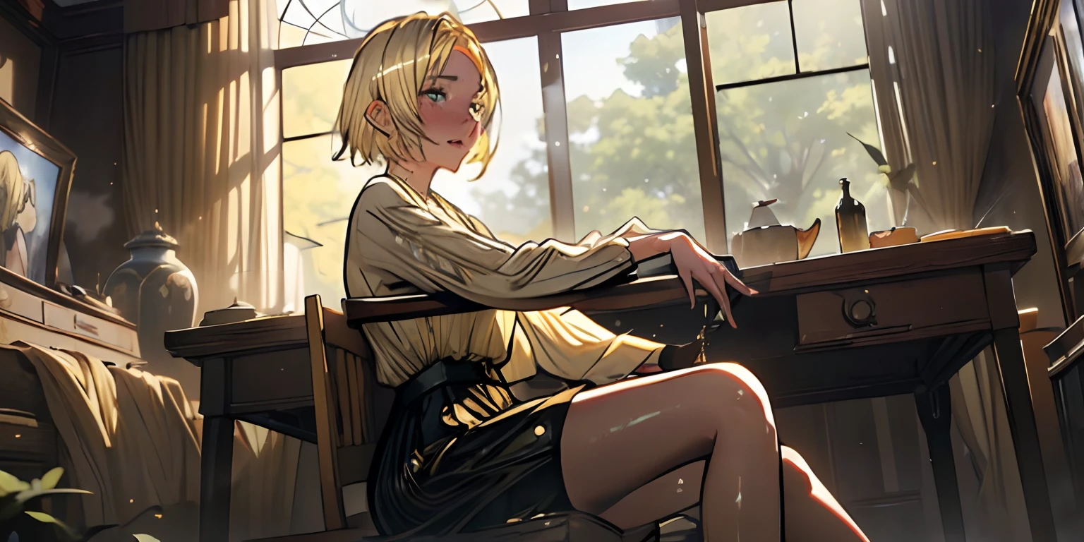 (short hair, blonde hair:1.5), blue eyes, sweating, glowing eyes, heavy breathing, breasts, 1girl, solo, looking_at_viewer, sitting, indoors, skirt, night, long_sleeves, ass, medium_breasts, jewelry, thighs, dutch_angle, pantyhose, chair, window, leaning_forward, large_breasts, blush, "Photorealistic, Hyperrealistic, Hyperdetailed, analog style, soft lighting, subsurface scattering, realistic, heavy shadow, masterpiece, best quality, ultra realistic, 8k, golden ratio, Intricate, High Detail, film photography, soft focus", sweating, steaming body, fog, (anime coloring, anime screencap:1.5)