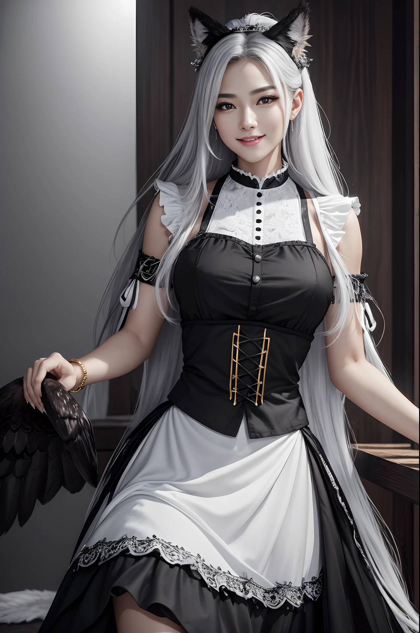 8K、The highest quality of photorealistic RAW photos。1.4)(Mature female werewolf) Personification of super beautiful werewolf(lifelike face) Wolf personification Eagle personification Black and white maid clothes Black and white maidno skirt golden decoration Beautiful expression Ultra high resolution smile Precise details Realistic skin,enticing,