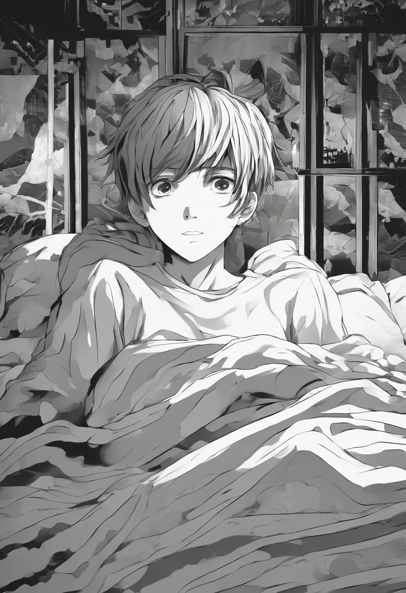 a teen boy in bed with fear creepy with jump scare of horror front view black and white image managa