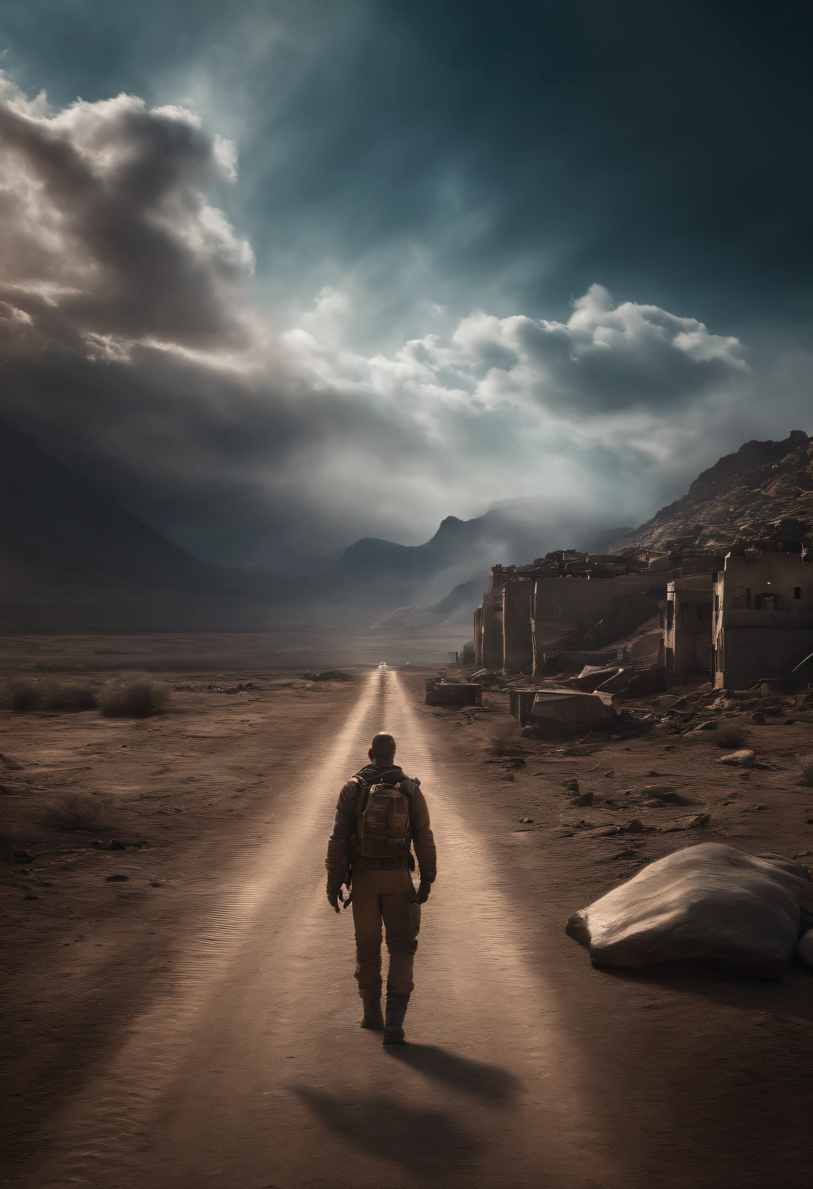 "Create a high-quality image in the style of a semi-apocalyptic world, where a character is walking. The sky should be incredibly dazzling, with graphics rivaling that of cinematic productions. Ensure that every detail is realistic and immersive. The final image resolution should be 4K, suitable for use as a banner."
