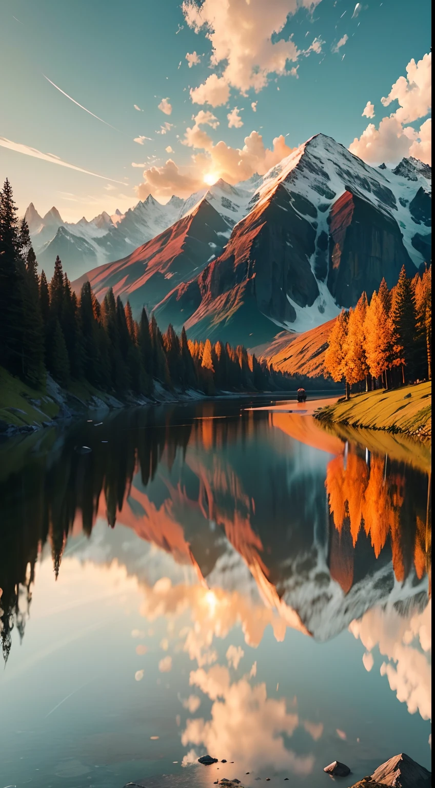 Imagine an unforgettable landscape that reveals the beauty and grandeur of God in every detail. It is a setting that transcends human understanding, where nature unites in harmony to create a divine masterpiece. In this landscape, you find yourself before majestic mountains, which rise towering towards the sky. Its heights seem to touch the clouds, while its slopes display lush vegetation, a tapestry of green hues and colorful blooming. In the valleys below, clear rivers flow serenely, reflecting the sunlight that shines brightly in the sky. Water is crystal clear, as if it were a mirror that reveals the purity and life it carries. On its banks, leafy trees offer shade and shelter to a wide variety of animals and birds, which seem to dance in harmony with nature. On the horizon, the sun sets in a divine spectacle. The golden, orange and pink colors paint the sky in a true celestial picture. It is as if God is pouring out His color palette on the world, creating a spectacle of light and beauty that is impossible to replicate. As you contemplate this magnificent landscape, you feel God's presence in a deep and comforting way. The grandeur of divine creation is evident in every detail of the landscape. Every mountain, every river, every ray of sunshine is a testimony to the power and beauty of God. In this landscape that shows the beauty of God, you feel small before the vastness and perfection of creation. It is an invitation to marvel at the divine work, to give thanks for the wonders of nature, and to feel connected to the divine. It is a reminder that God is present in all things, in the beauty of nature and in the depth of our hearts.