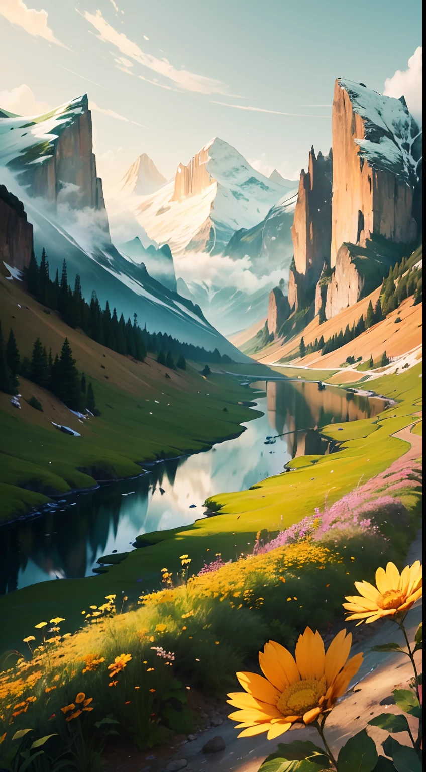 Imagine an unforgettable landscape that reveals the beauty and grandeur of God in every detail. It is a setting that transcends human understanding, where nature unites in harmony to create a divine masterpiece. In this landscape, you find yourself before majestic mountains, which rise towering towards the sky. Its heights seem to touch the clouds, while its slopes display lush vegetation, a tapestry of green hues and colorful blooming. In the valleys below, clear rivers flow serenely, reflecting the sunlight that shines brightly in the sky. Water is crystal clear, as if it were a mirror that reveals the purity and life it carries. On its banks, leafy trees offer shade and shelter to a wide variety of animals and birds, which seem to dance in harmony with nature. On the horizon, the sun sets in a divine spectacle. The golden, orange and pink colors paint the sky in a true celestial picture. It is as if God is pouring out His color palette on the world, creating a spectacle of light and beauty that is impossible to replicate. As you contemplate this magnificent landscape, you feel God's presence in a deep and comforting way. The grandeur of divine creation is evident in every detail of the landscape. Every mountain, every river, every ray of sunshine is a testimony to the power and beauty of God. In this landscape that shows the beauty of God, you feel small before the vastness and perfection of creation. It is an invitation to marvel at the divine work, to give thanks for the wonders of nature, and to feel connected to the divine. It is a reminder that God is present in all things, in the beauty of nature and in the depth of our hearts.