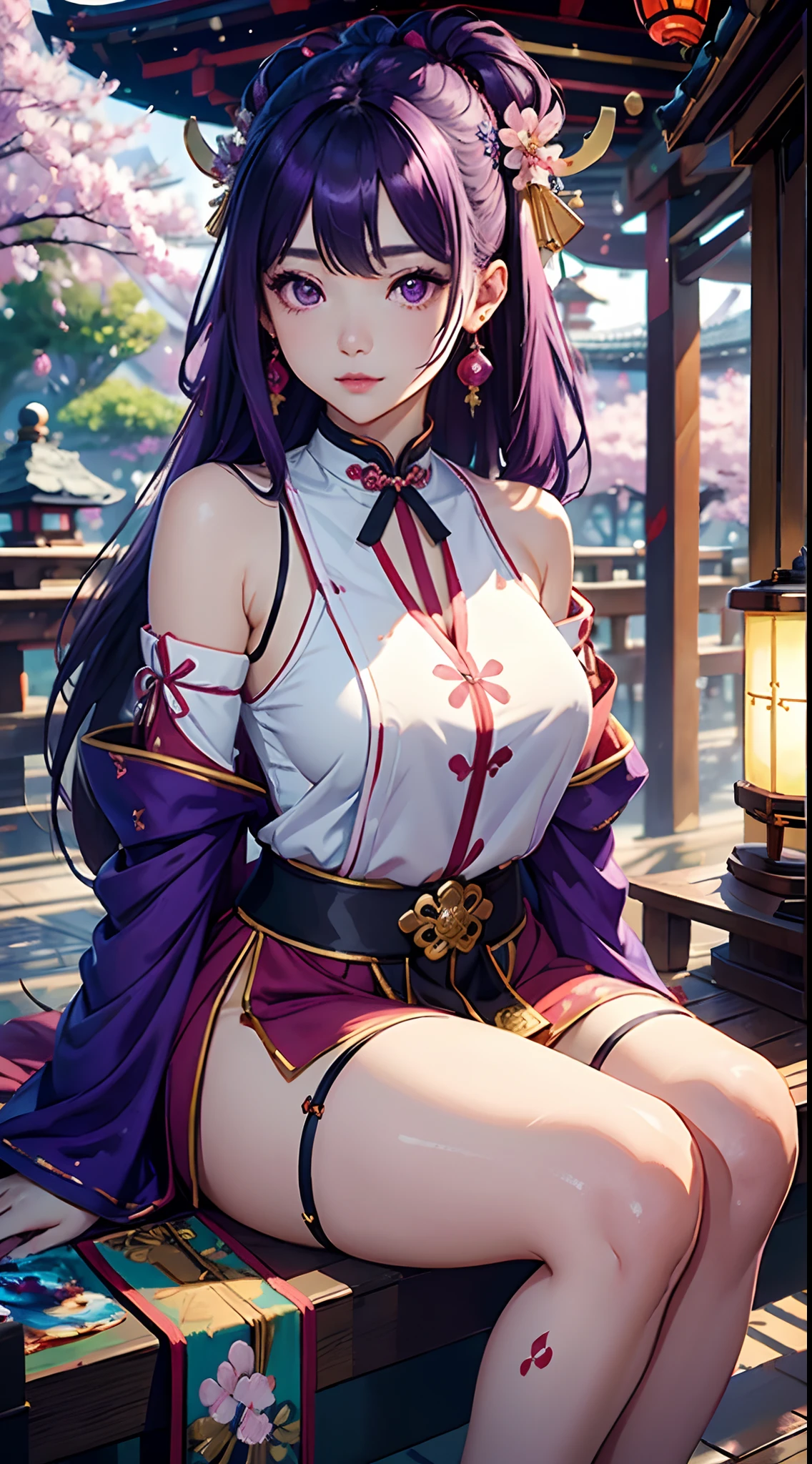  (masterpiece:1.2), highest quality, High resolution, unity 8k wallpaper, (figure:0.8),Perfect lighting, Highly detailed CG, (Perfect hands, Perfect Anatomy),
Long Hair, hair ornaments、Purple Hair、星のhair ornaments, Red hair band、
(Purple eyes:1.1)、 (Beautiful fine details:1.6), Highly detailed face,、(see-through nipples:1.0), (see-through pussy:1.1),(pubic golden hair:1.3),
jewelry、pants、Fingerless gloves、necklace、Chinese clothing、Red Dress、Puffy sleeves、White short sleeve、Red gloves,
outdoors、cowboy shot, View Viewer,
