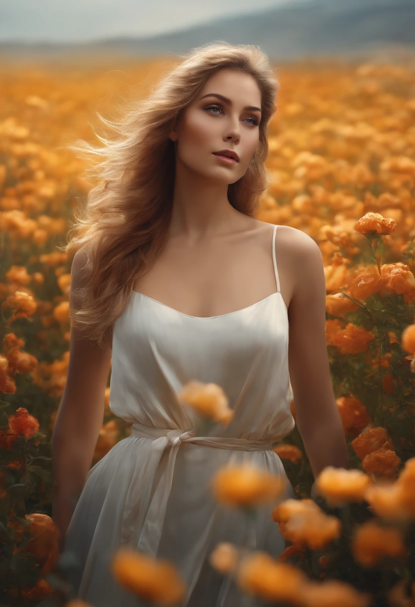 There is a woman standing in a flower field in the rain, a goddess in a field of flowers, karol bak uhd, Girl in flowers, Flower storm portrait, Girl front in the flower field, Beautiful Ultra HD 4K art, girl in a flower field, in a field of flowers, woman in flowers, Highly Detailed 4K Digital Art