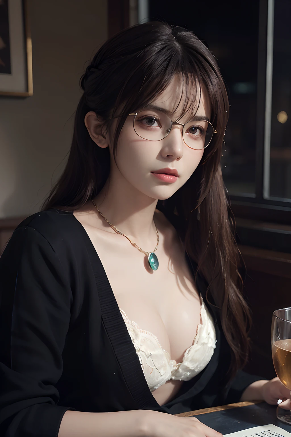 Hyperrealist portrait of female by david hockney and alphonse mucha, photo realistic, dynamic lighting, artstation, volumetric lighting, very detailed faces, 4 k, award winning,, 1girl, in the dark, deep shadow, low key, (official clothing:1.4) ,long hair,white hair, glases, office, red bra
