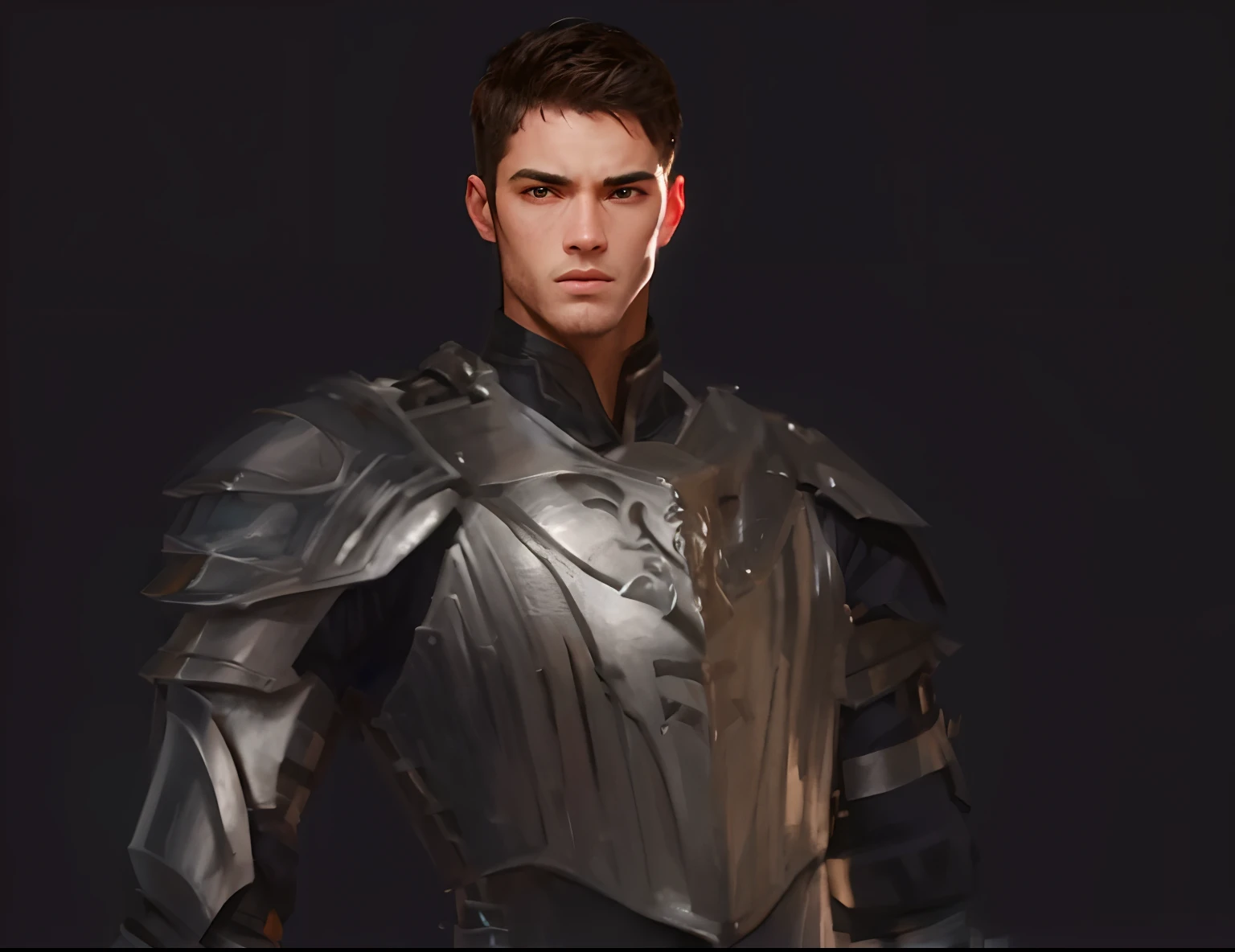 um close up de um homem em um terno de armadura, um paladino masculino humano, Paladino masculino, macho atraente com armadura, em armadura de couro, Arsen Lupin como um paladino, com uma armadura de couro leve, usando armadura de couro, usado em armadura de couro, coberto em armadura de couro completo, personagem masculino, draconic looking armor, usando armadura elegante