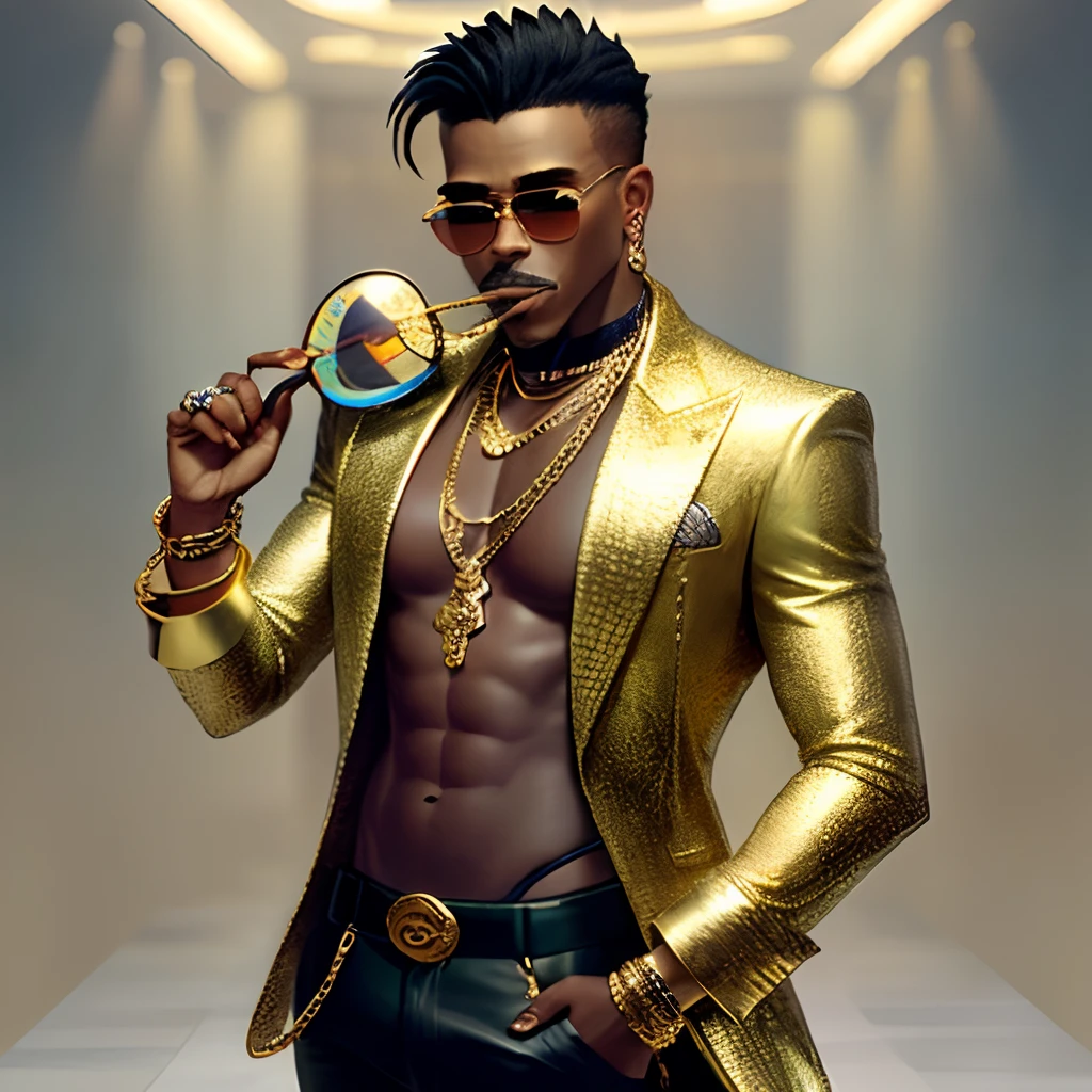 Cool monkey with gold chains and rings and shades and designer clothes with a cigar in his mouth