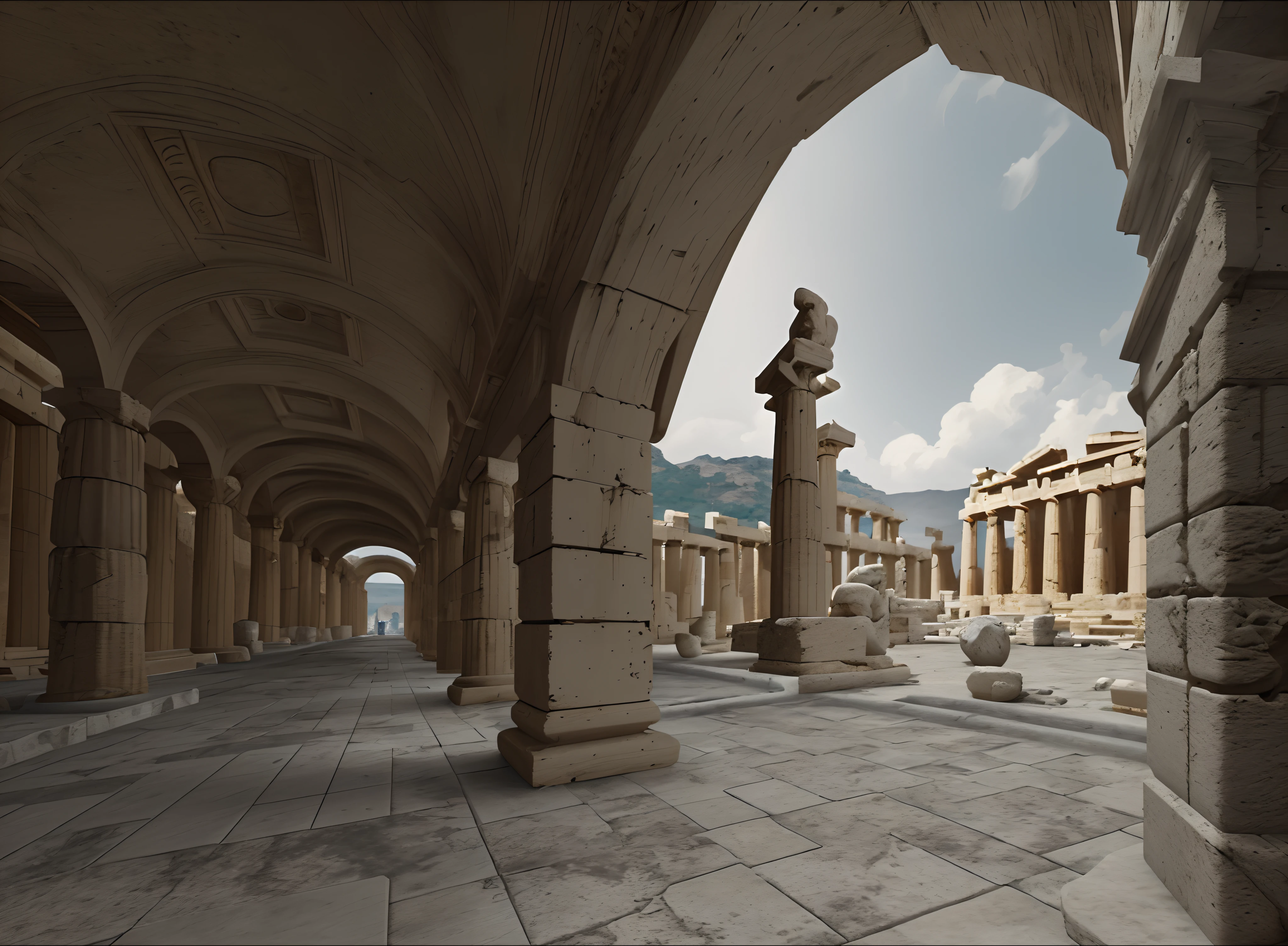 a very detailed photography of an arcade at the side of a city square, (ancient greece: 1.5), ancient greek people, hyperrealism, octane render, Corinthian capitals, no doors