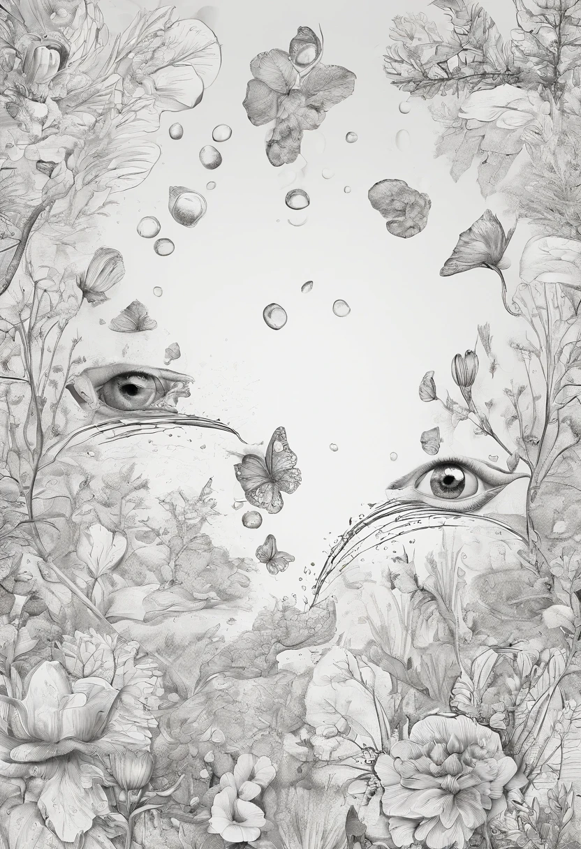 Various plants and animals form fingerprints around a drop of water in the center，background whites