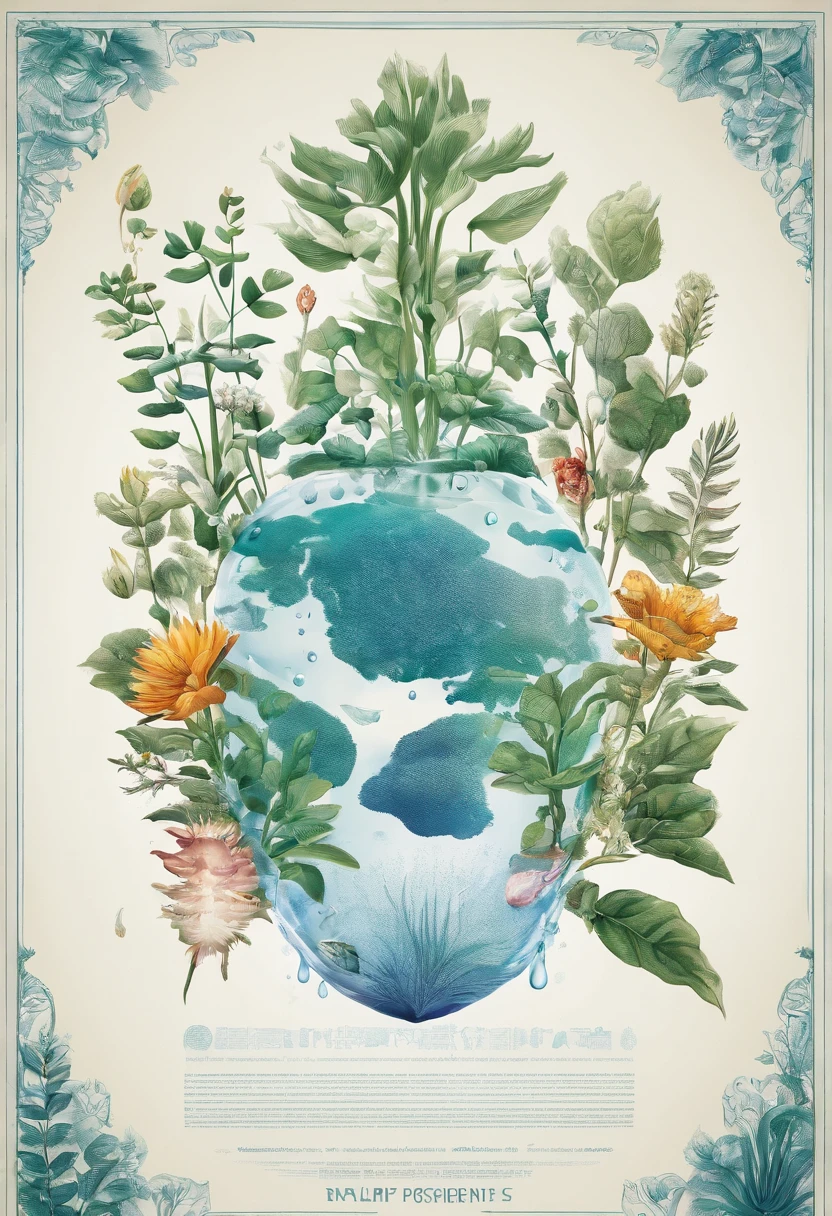 Various plants and animals form fingerprints around a drop of water in the center,background whites