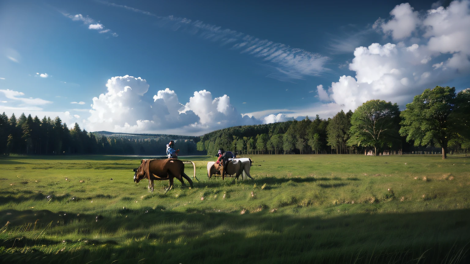 grassy fields，Two people feed the cattle