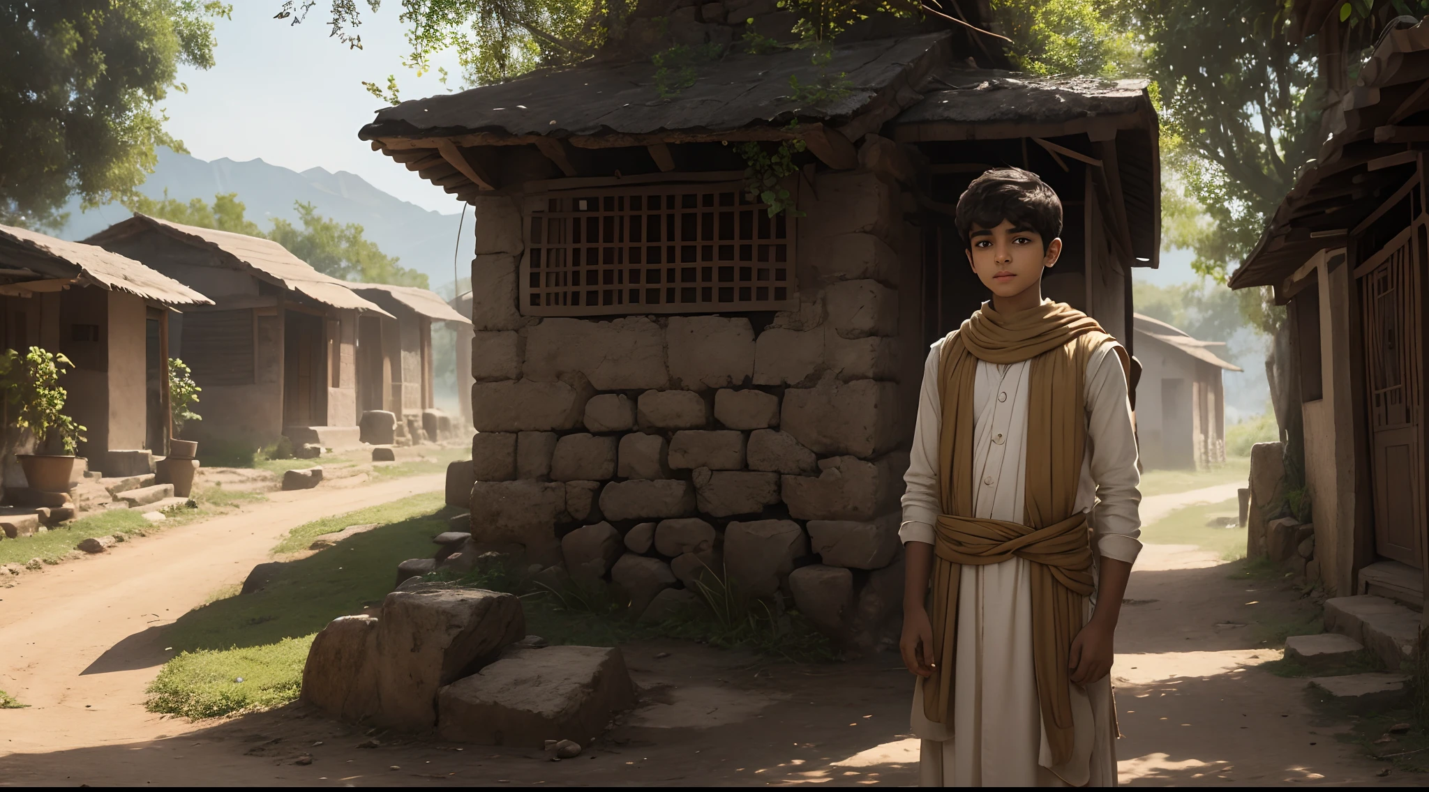 a young lad named Ishaan, perhaps standing in the village with a dreamy expression, symbolizing his thirst for knowledge.8k,ancient