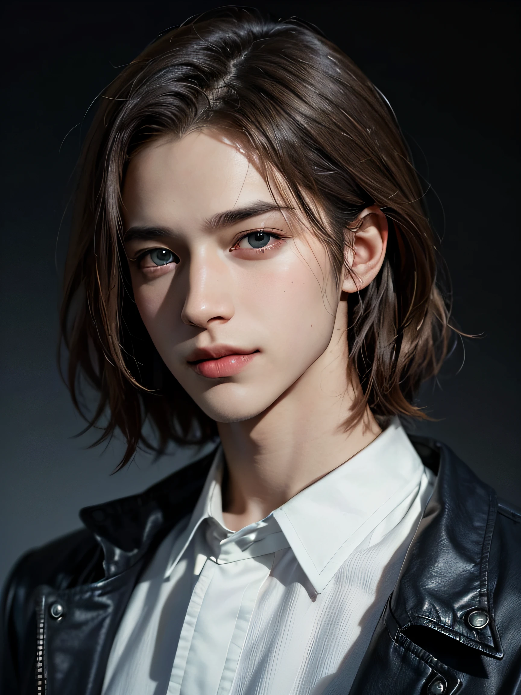 1boy, 17 yr old, teenaged, Light-brown hair, azure blue big eyes, Solo Focus Facial Treatment for Teens, white shirt, a handsome, Smiling, Realistic, The dynamic pose is realistic, Detailed and correct facial structure, Leon S. Kennedy, a handsome, Extremely detailed, Dynamic Angle, cowboyshot, The Most Beautiful Shape, elegant, bright colours, romanticism, James Jean, roby dwi antono, by Ross Tran, francis bacon, michal mraz, adrian ghenie, petra cortright, gerhard richter, takato yamamoto, ashley wood, atmospheric