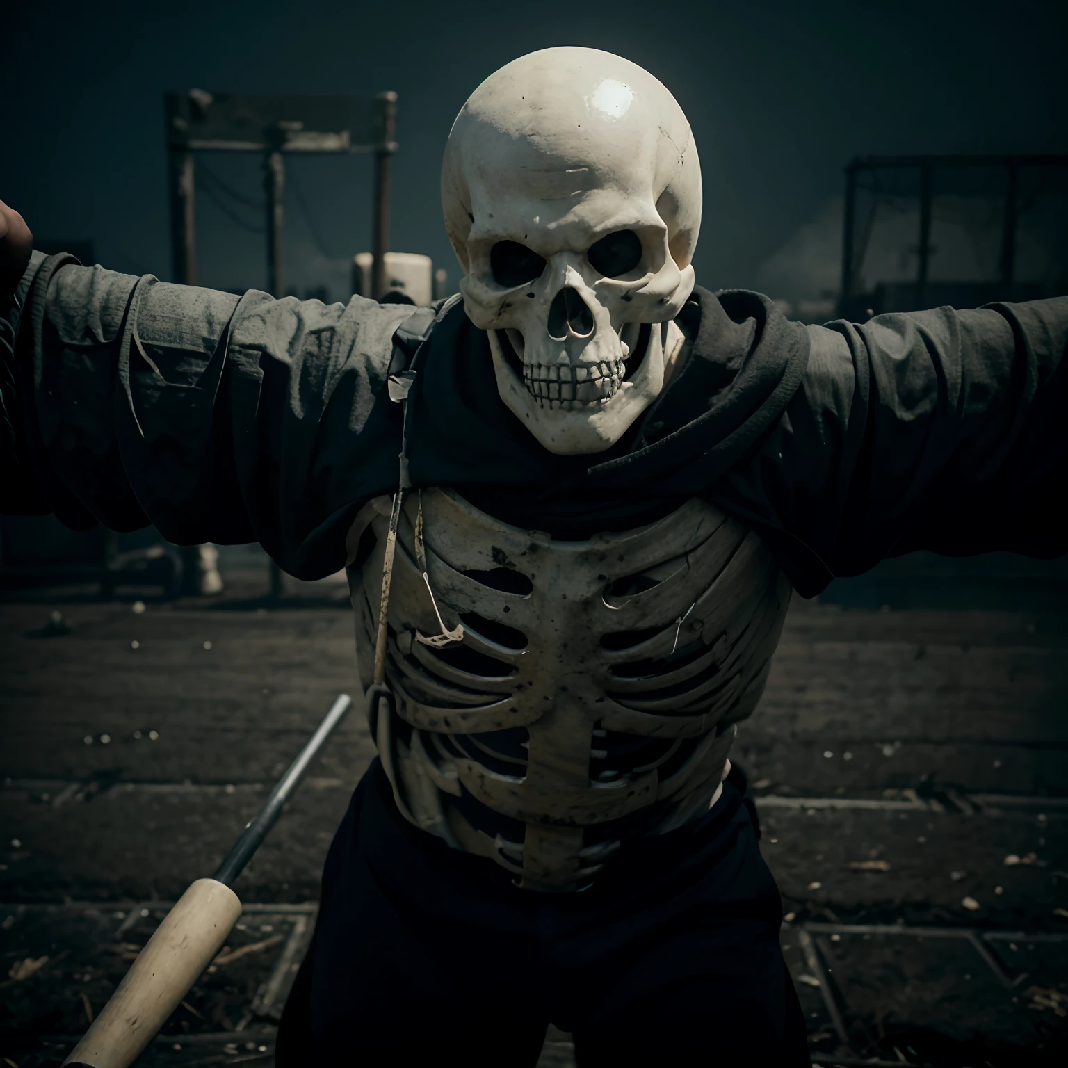 Skeleton melancholic gloomy with baseball bat on his way to defeat a boss DARK Souls