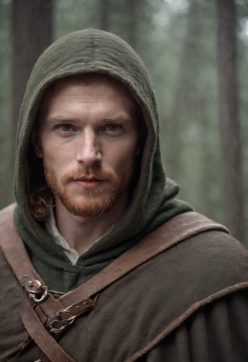 mysterious middle aged human male, short ginger hair, short ginger beard, scarred face, scars, dark green eyes high details, grey scale armor, dark hooded cloak, dark fantasy, cinematic shot, holy glow, frozen tundra, medieval, masterpiece