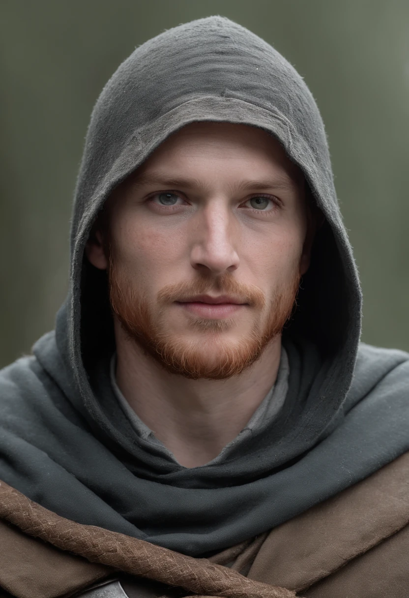 mysterious middle aged human male, short ginger hair, short ginger beard, scarred face, scars, dark green eyes high details, grey scale armor, dark hooded cloak, dark fantasy, cinematic shot, holy glow, frozen tundra, medieval, masterpiece