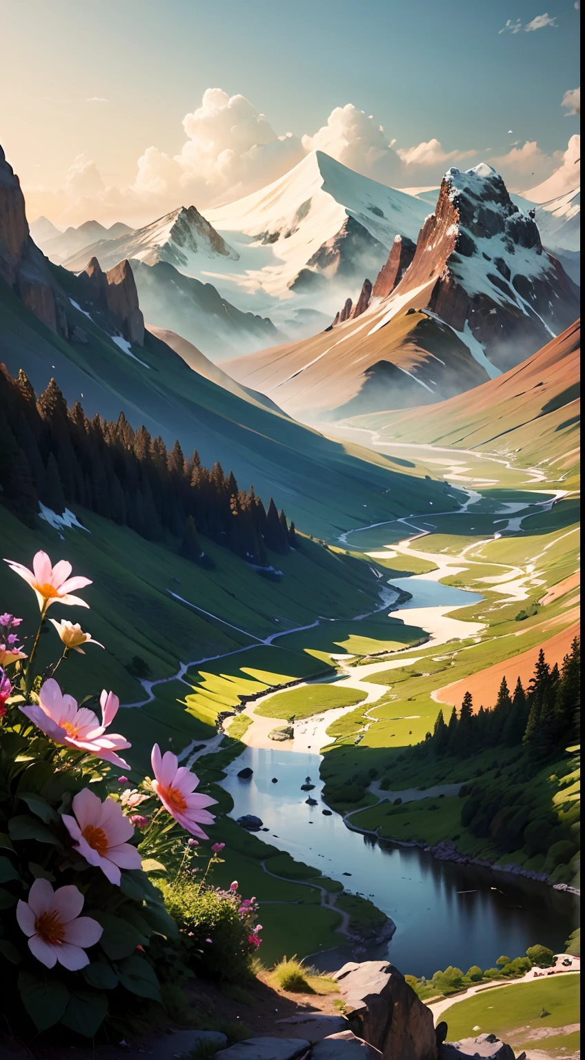 Imagine an unforgettable landscape that reveals the beauty and grandeur of God in every detail. It is a setting that transcends human understanding, where nature unites in harmony to create a divine masterpiece. In this landscape, you find yourself before majestic mountains, which rise towering towards the sky. Its heights seem to touch the clouds, while its slopes display lush vegetation, a tapestry of green hues and colorful blooming. In the valleys below, clear rivers flow serenely, reflecting the sunlight that shines brightly in the sky. Water is crystal clear, as if it were a mirror that reveals the purity and life it carries. On its banks, leafy trees offer shade and shelter to a wide variety of animals and birds, which seem to dance in harmony with nature. On the horizon, the sun sets in a divine spectacle. The golden, orange and pink colors paint the sky in a true celestial picture. It is as if God is pouring out His color palette on the world, creating a spectacle of light and beauty that is impossible to replicate. As you contemplate this magnificent landscape, you feel God's presence in a deep and comforting way. The grandeur of divine creation is evident in every detail of the landscape. Every mountain, every river, every ray of sunshine is a testimony to the power and beauty of God. In this landscape that shows the beauty of God, you feel small before the vastness and perfection of creation. It is an invitation to marvel at the divine work, to give thanks for the wonders of nature, and to feel connected to the divine. It is a reminder that God is present in all things, in the beauty of nature and in the depth of our hearts.