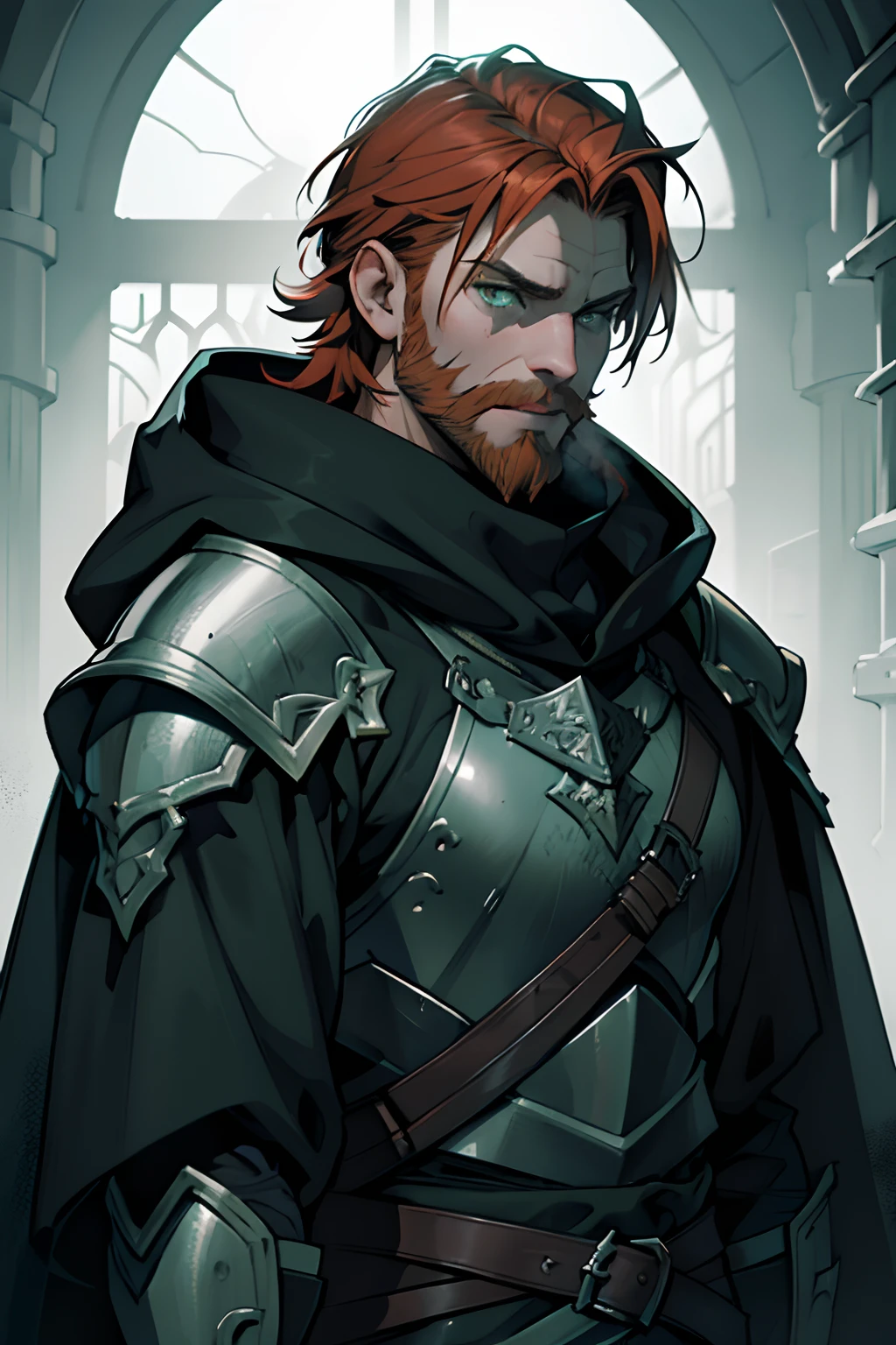 mysterious middle aged human male, short ginger hair, short ginger beard, scarred face, scars, dark green eyes high details, grey scale armor, dark hooded cloak, dark fantasy, cinematic shot, holy glow, frozen tundra, medieval, masterpiece