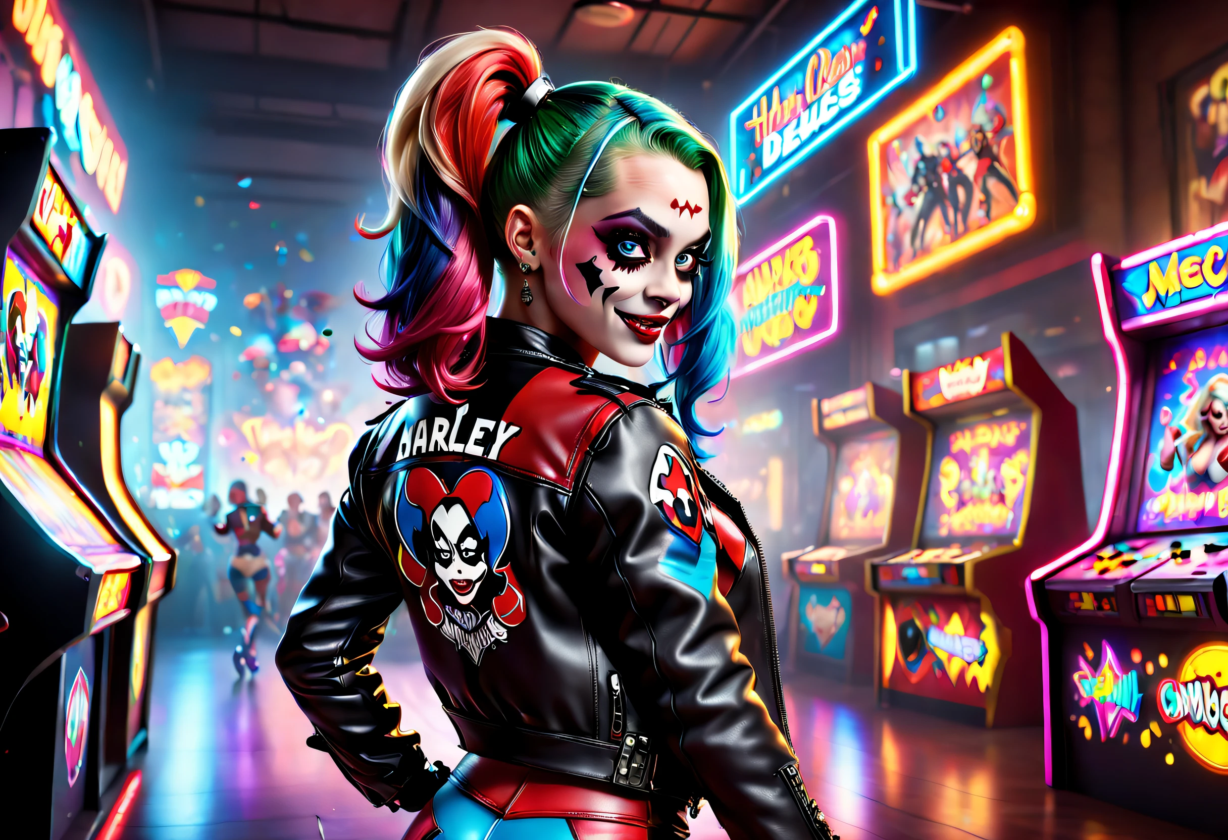 (Best quality,4K,8K,A high resolution,Masterpiece:1.2),Ultra-detailed,(Realistic,Photorealistic,photo-realistic:1.37),bright vibrant colors,of harley quinn,dynamicposes, Leather jacket, Hair dyed in bright colors,Play video games seriously,From behind,Arcade games,Power Dance Troupe,Vintage vibes,Neon lights,Explosive energy,Futuristic technology,Fast-paced pacing,Exciting gameplay,Lively atmosphere,techno music,Upbeat rhythm,Competitive spirit,Dynamic movements,urban surroundings,High score,Glowing dance floor,Strobe light,Colorful costumes,Synchronized choreography,Talented dancers,audience cheering,Clever tricks,cheerful mood,immersive experience,Single player mode,An uplifting moment,Transform visual effects,Special props,The stage exists,positive vibe,Interactivity,striking visual effects,Thrilling challenges,Unforgettable memories