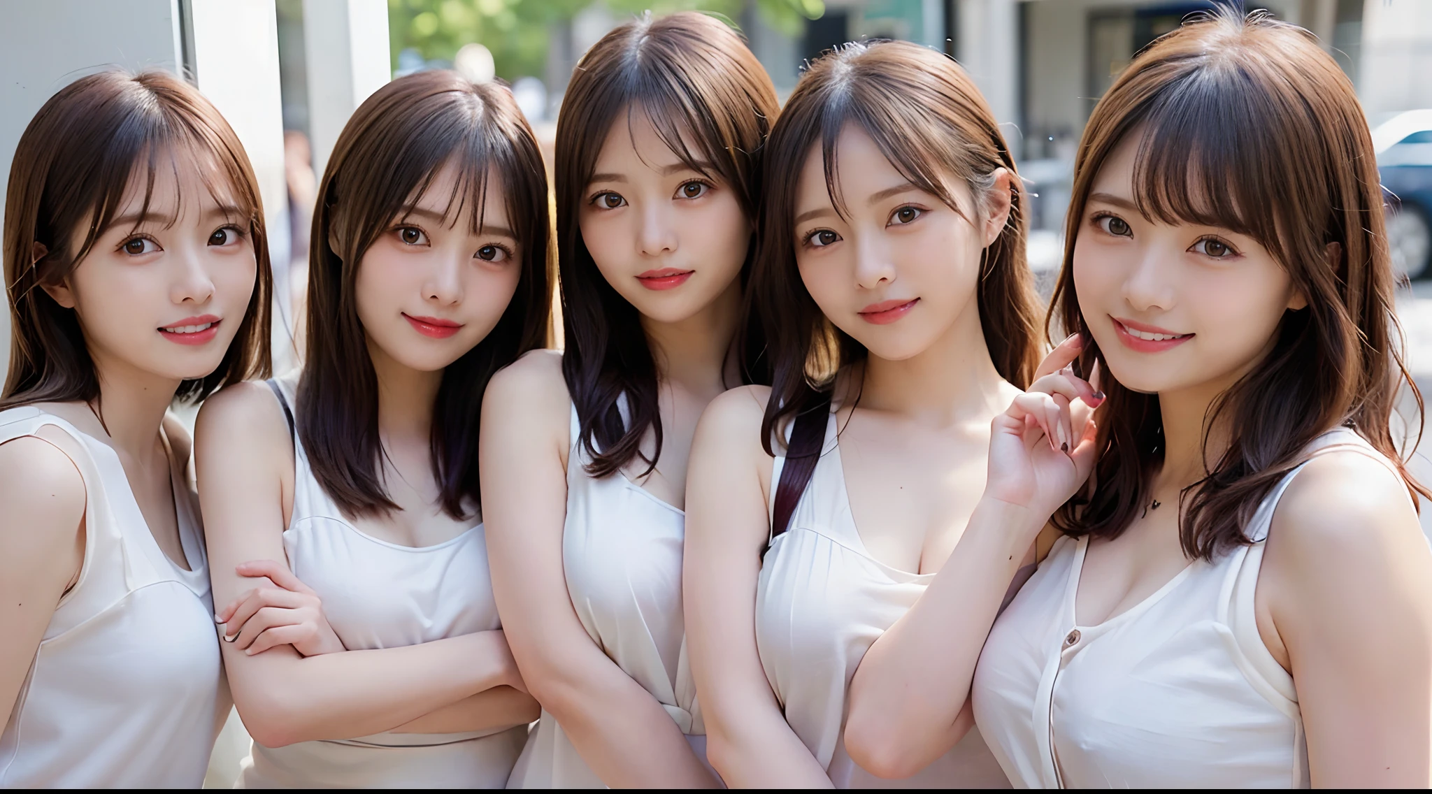 masterpiece, Better Quality, hight resolution, ((Photorealsitic:1.4, Raw photography, 超A high resolution,Top image quality: 1.4)), ((upper body 1.5)), Beautiful detailed eyes, Natural Color Lip, ((A big smile:1.5)), ((Random and cute curly hair)), ((Random breast sizes from large to medium:1.3)), ((Random fashionable clothes:1.6)), ((Random Lightwear:1.2)),((breastsout、under look eyes、Mole on the arm:0.9)), ((peer in from below)), ((street corner)), ((Random and cute facial expressions)),, ((4 girls、Four people standing side by side:1.5)) very detailed and professional lighting、 ((Random and cute facial expressions:1.5))、 ((Waki Display:1.5))、 ((I'm showing off my waki:1.5))、 ((thigh visible:1.5))