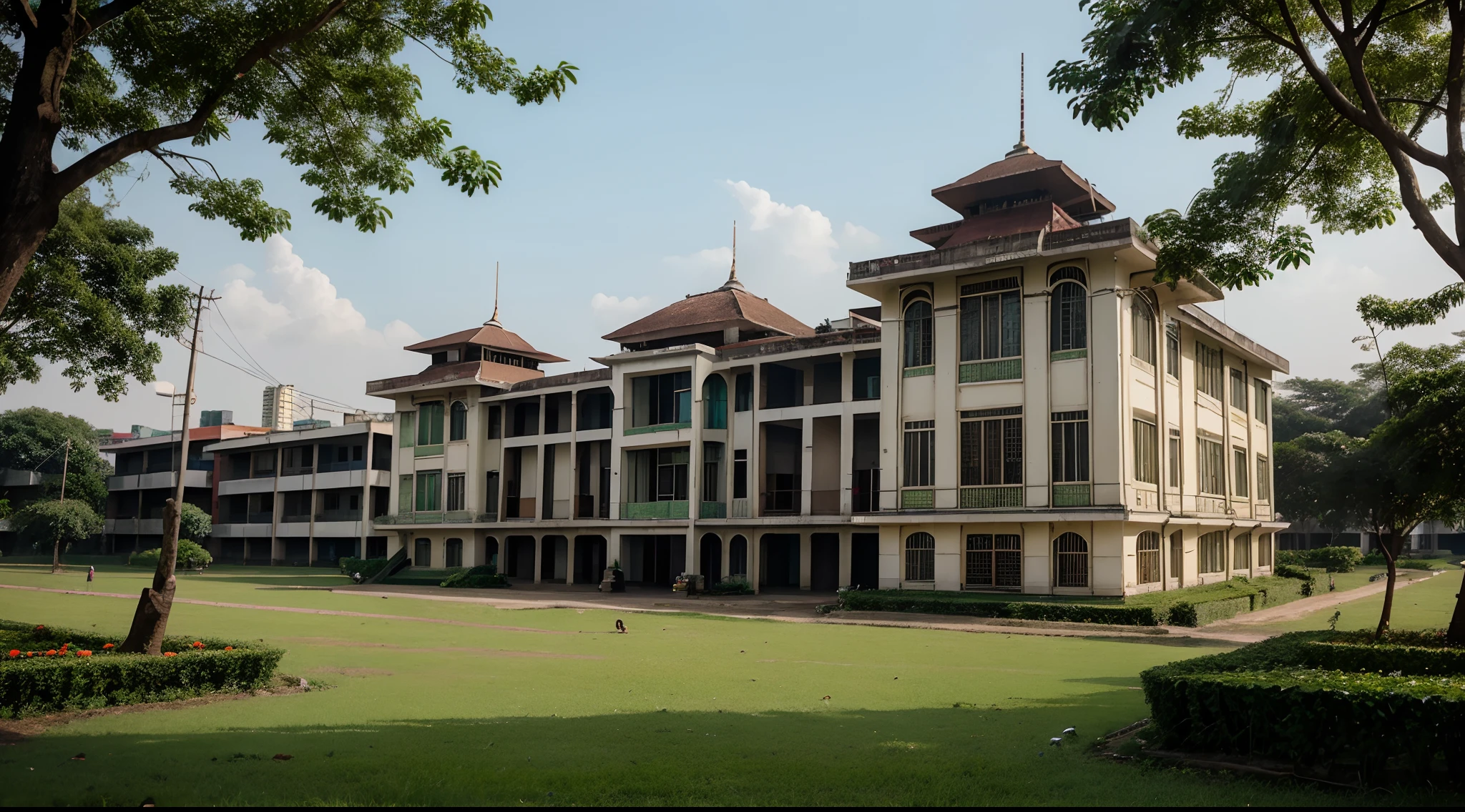 Bangladesh estate Rupauan city, half of developed and half of working, spectacular Separate building, green field, friendly people hanging out. And this image will be written “ RUPAUAN CITY „on a building