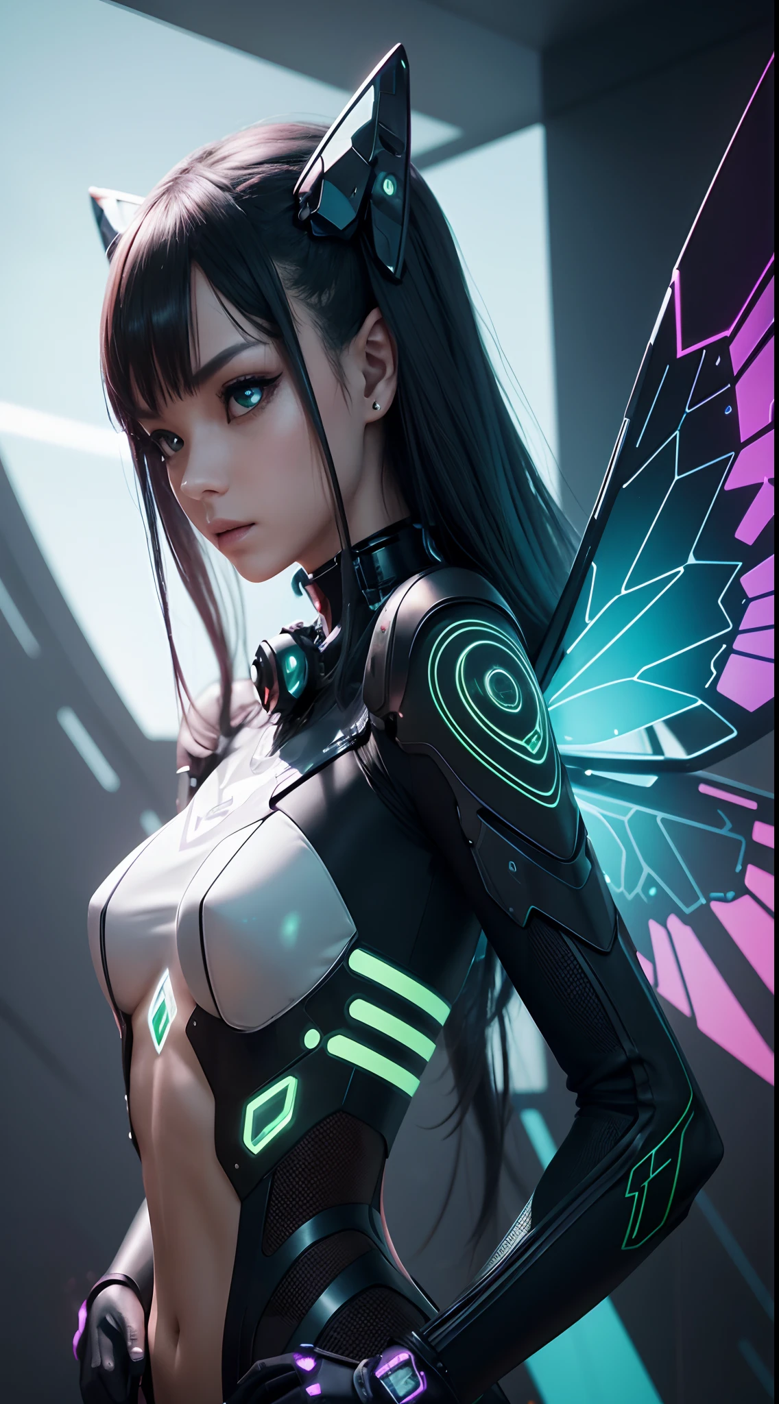 Generate a cyberpunk-inspired dragonfly with its wings spread out in the shape of an X, viewed from a top-down perspective. The dragonfly should have sleek, metallic body with neon accents and intricate circuit-like patterns running along its wings. The wings should emit a soft, eerie glow, casting dynamic, colorful reflections on the transparent background. The dragonfly should exude a futuristic, high-tech vibe, blending the aesthetics of nature and cybernetics seamlessly. Ensure attention to detail in the design, making it a captivating and visually striking image.