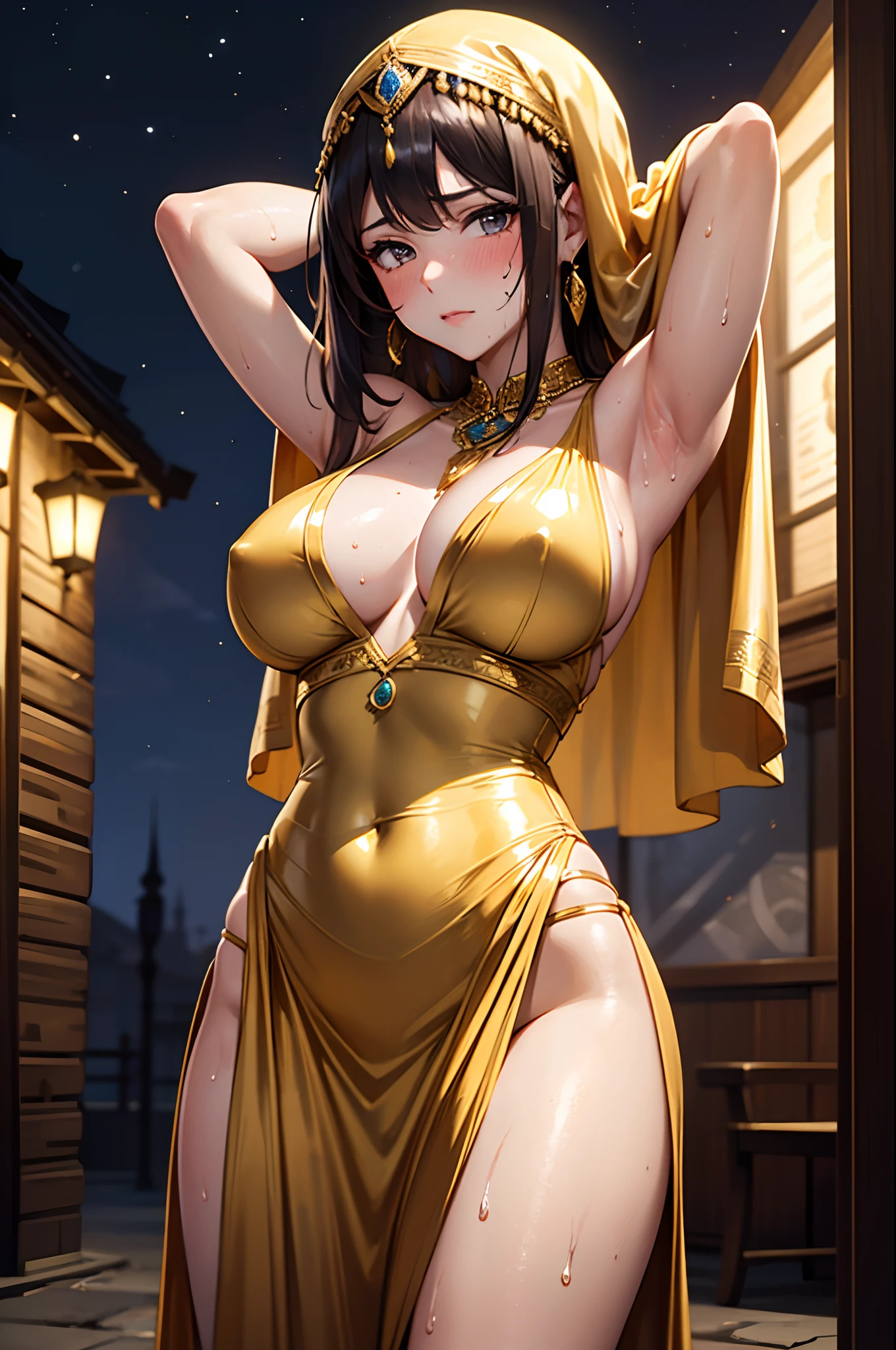 masterpiece,best quality,High resolution,Fine details,Realistic,solo,Adult Woman,((arms behind head)),blush,Large breasts,((Sweat)),(Oily skin),((Golden Arabian Costume)),(Headdress),((Ornaments)),(Medieval Tavern),(((Night))),Frontal