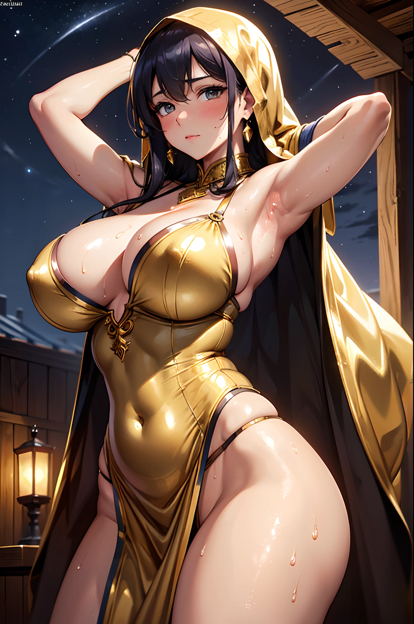 masterpiece,best quality,High resolution,Fine details,Realistic,solo,Adult Woman,((arms behind head)),blush,curvy,Large breasts,((Sweat)),(Oily skin),((Golden Arabian Costume)),(Medieval Tavern),(((Night))),Frontal