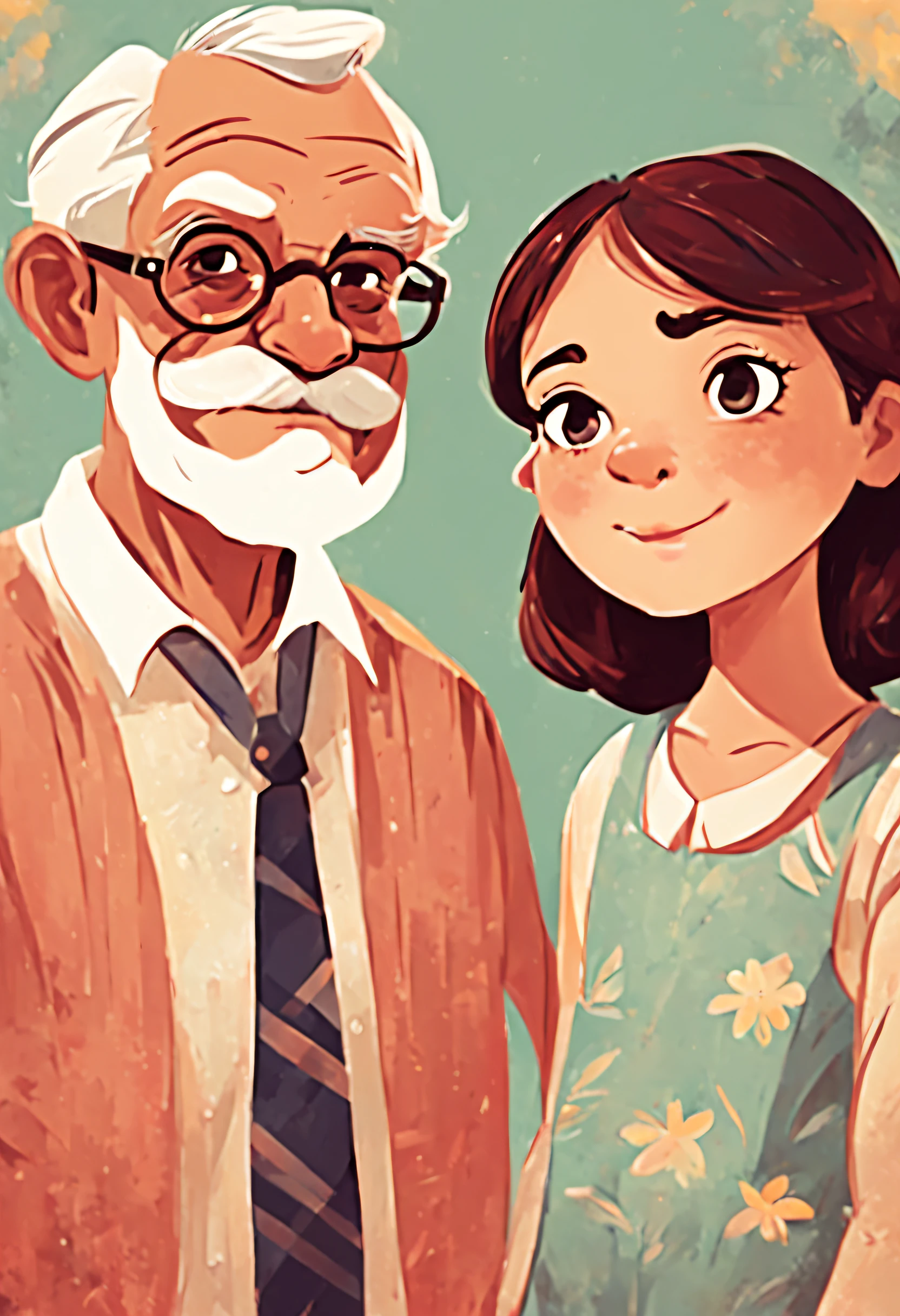 (((A grandfather and his young granddaughter: 1.5))), (Estilo Retrato), foco no rosto, (((sem barba: 2,0))), capa do livro, Comic book style,  Children's book style illustration, ::n_barba