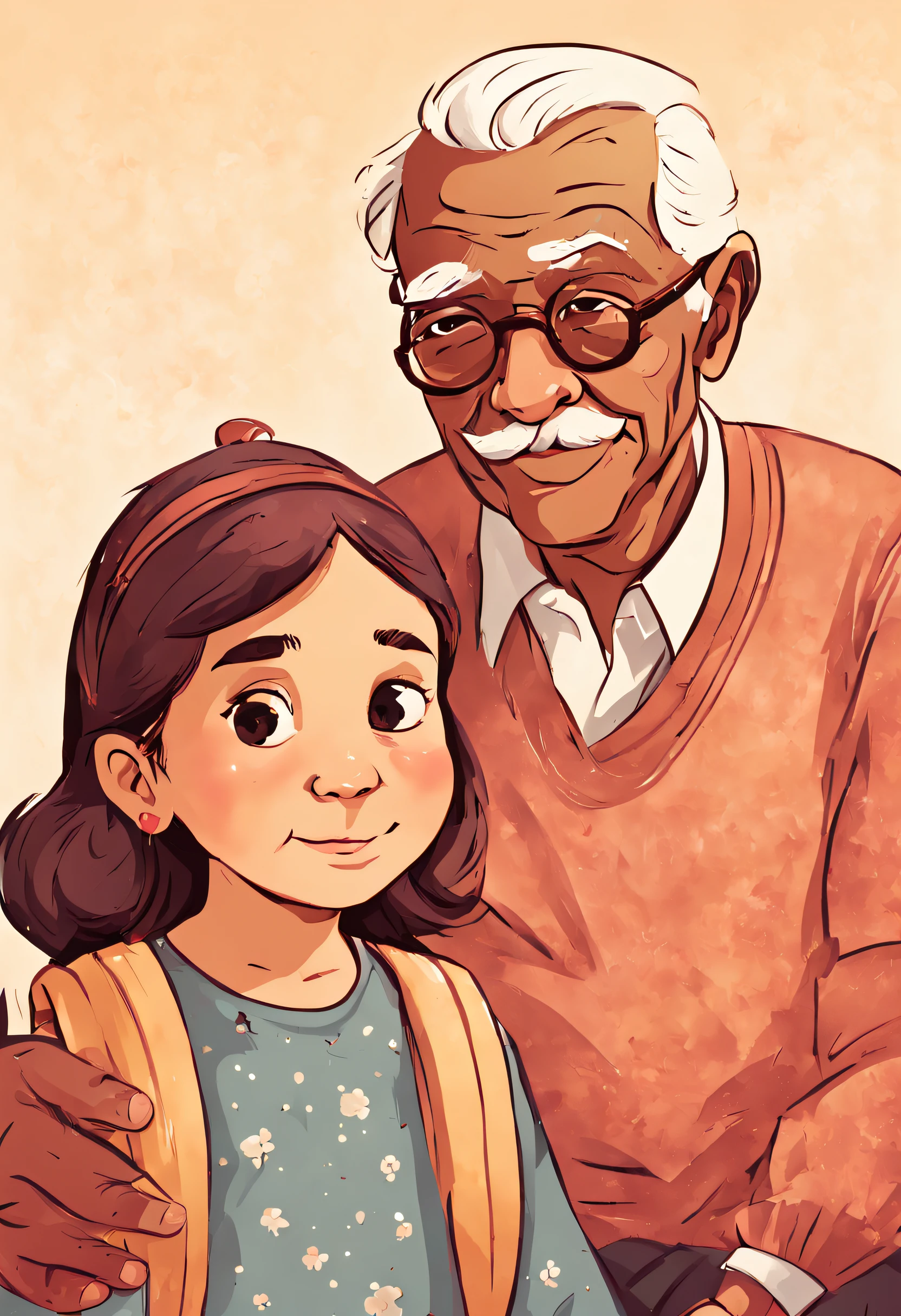 (((A grandfather and his young granddaughter: 1.5))), (Estilo Retrato), foco no rosto, (((sem barba: 2,0))), capa do livro, Comic book style, Children's book style illustration, ::n_barba