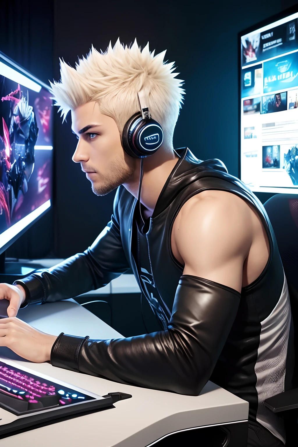 (best quality), (photo-realistic:1),realistic skin texture,slim,looking at viewer,face focus ,
a man playing game,professional gamer ,bleach spiky hair,slim body,upper body,full body,
luxury big game room,gaming Headset,TV,computer, big 3 monitor,led keyboard (computer), figures,game poster,neno light,