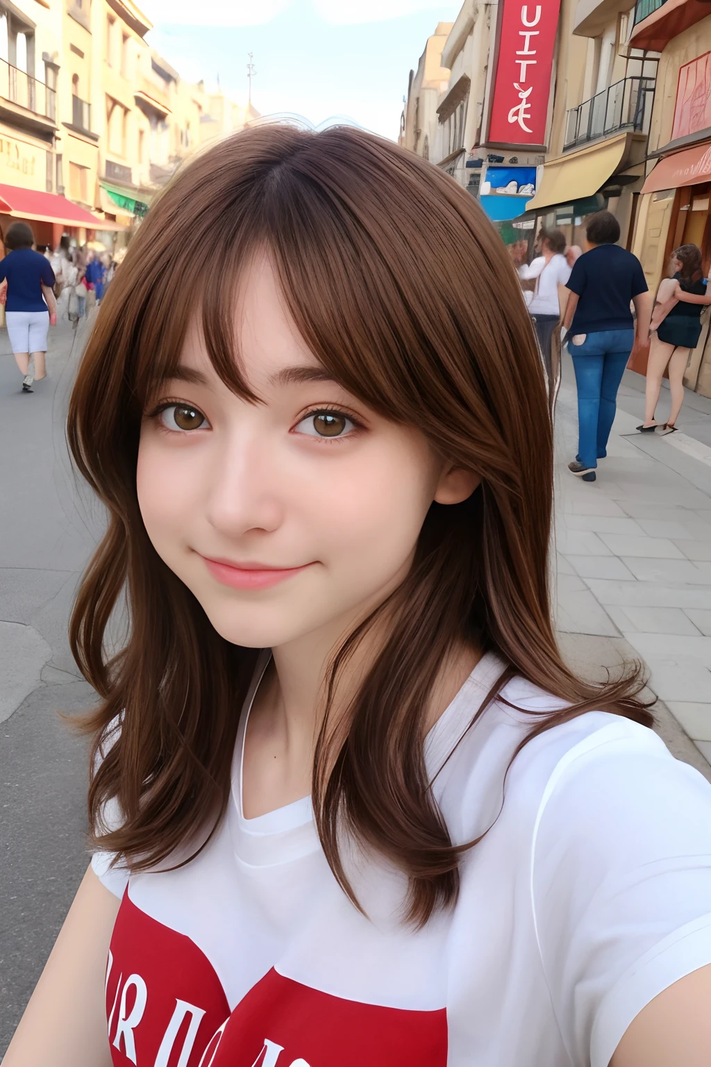 ,La mejor calidad ,muy flaco , Cabello largo , Caucasian Girl Max Caulfield ,ojos grandes ,Borrosa, , brown hair , feliz , , piel suave, , ojos expresivos ,
, , Camiseta roja de manga larga, pantalones cortos , en la ciudad ,