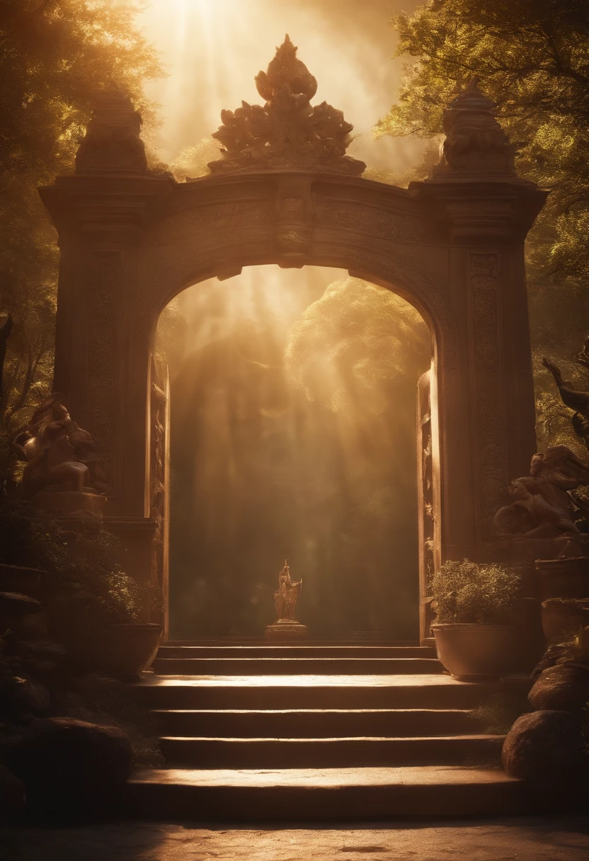Entrance to the Garden of Eden、Cherubim statues on both sides of the gate and、Place the sparkling sword flame、