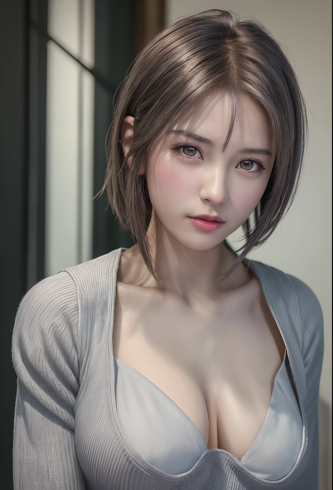(8K, Photorealistic, Raw photo, of the highest quality: 1.3), (1girl in), Super beautiful, (Realistic face), (boyish, Silver Color Berry Shorthair), Beautiful , Glare that captivates the viewer, Beautiful expression, Beautiful breasts, (Realistic skin), Beautiful...