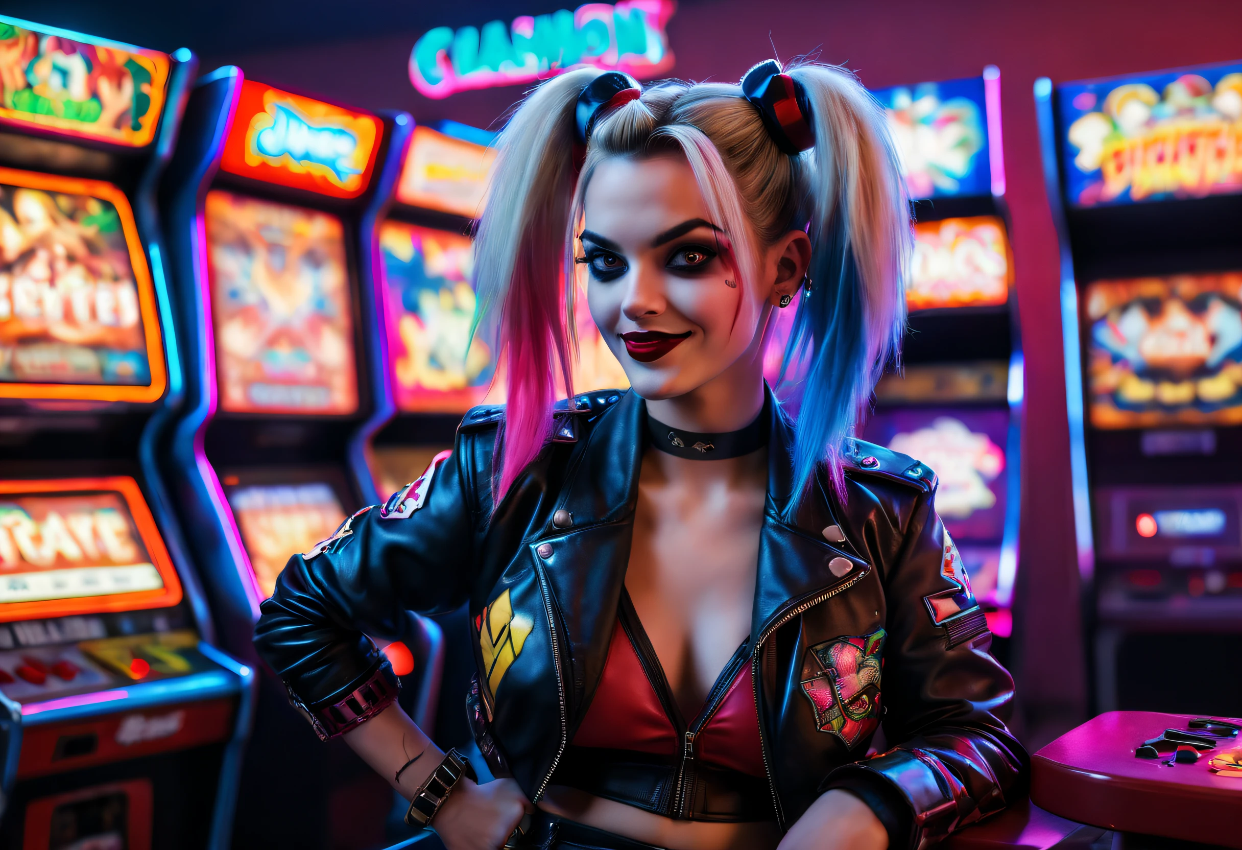 (Ultra-detailed,Realistic,Photorealistic:1.37), Energetic 80s hairstyle, Harley Quinn plays Street Fighter fighting arcade game at a dimly lit Las Vegas casino, Punk fashion, Neon lights, retro aesthetic,  Colorful arcade game consoles, glowing screen, energetic music, Arcade tokens, dynamicposes, Fashion in the style of the 80s, Leather jacket, Hair dyed in bright colors,Play video games seriously，From behind