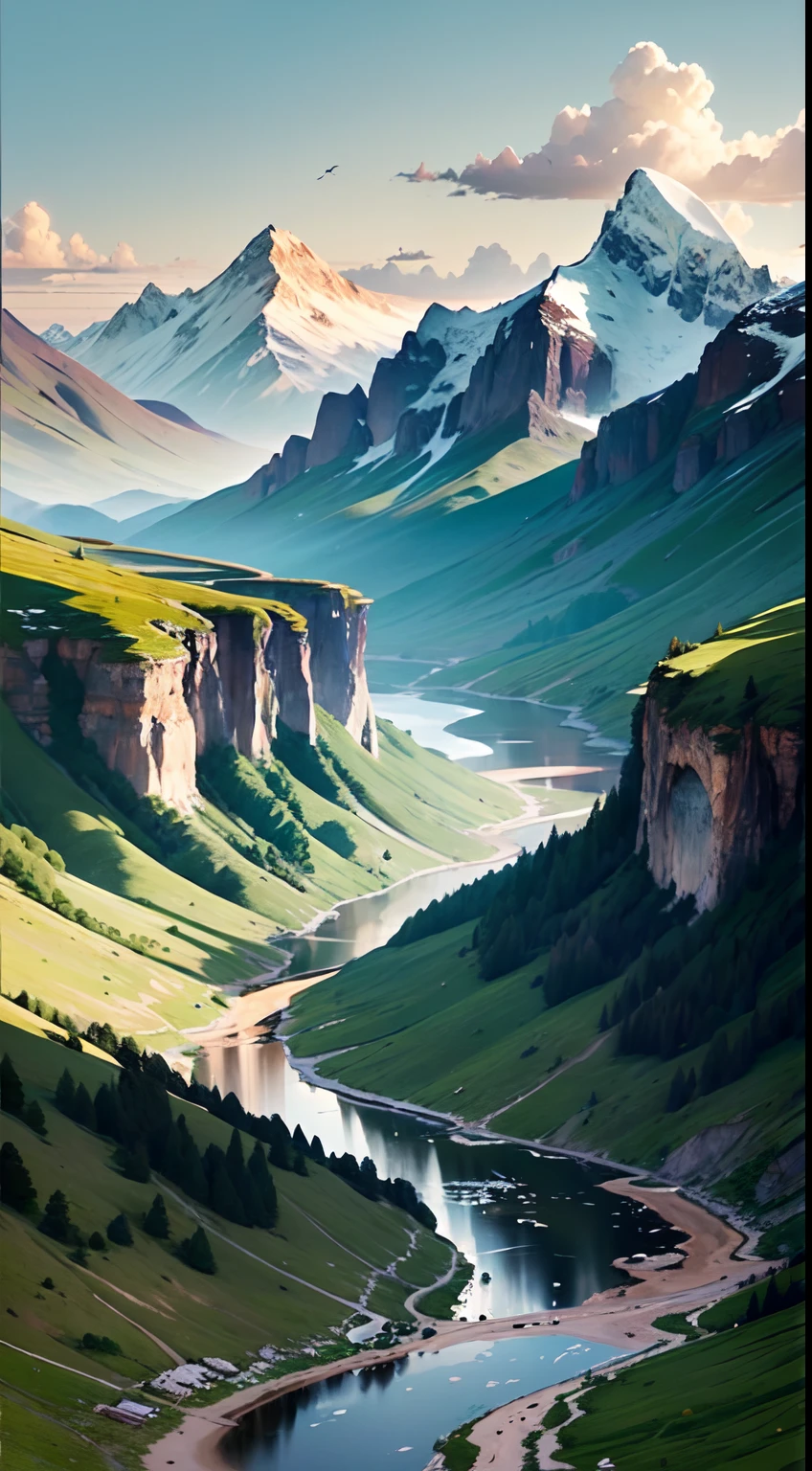 Imagine an unforgettable landscape that reveals the beauty and grandeur of God in every detail. It is a setting that transcends human understanding, where nature unites in harmony to create a divine masterpiece. In this landscape, you find yourself before majestic mountains, which rise towering towards the sky. Its heights seem to touch the clouds, while its slopes display lush vegetation, a tapestry of green hues and colorful blooming. In the valleys below, clear rivers flow serenely, reflecting the sunlight that shines brightly in the sky. Water is crystal clear, as if it were a mirror that reveals the purity and life it carries. On its banks, leafy trees offer shade and shelter to a wide variety of animals and birds, which seem to dance in harmony with nature. On the horizon, the sun sets in a divine spectacle. The golden, orange and pink colors paint the sky in a true celestial picture. It is as if God is pouring out His color palette on the world, creating a spectacle of light and beauty that is impossible to replicate. As you contemplate this magnificent landscape, you feel God's presence in a deep and comforting way. The grandeur of divine creation is evident in every detail of the landscape. Every mountain, every river, every ray of sunshine is a testimony to the power and beauty of God. In this landscape that shows the beauty of God, you feel small before the vastness and perfection of creation. It is an invitation to marvel at the divine work, to give thanks for the wonders of nature, and to feel connected to the divine. It is a reminder that God is present in all things, in the beauty of nature and in the depth of our hearts.