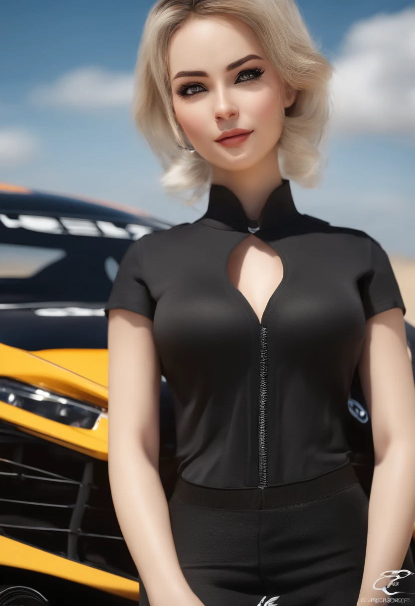 videl, (dbz), curvy, attractive, short hair, beautiful detailed eyes, absurd, highres, ultra detailed, (Highest image quality), (Master work), (Detailed description of the eye), (8K wallpaper), (Detailed description of the face), depth of field, (lens reflection), standing, beside Lexus IS350 GT300 Base Model '08, black race car, (F1_racing_suit), realistic, stunning visual,  automotive stickers, beach circuit, sunny day